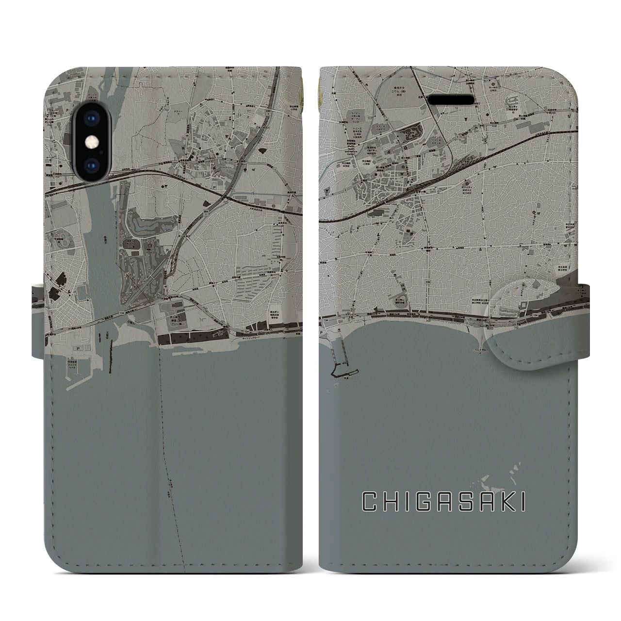 【茅ヶ崎(神奈川県)】地図柄iPhoneケース(手帳タイプ)モノトーン・iPhone XS / X 用
