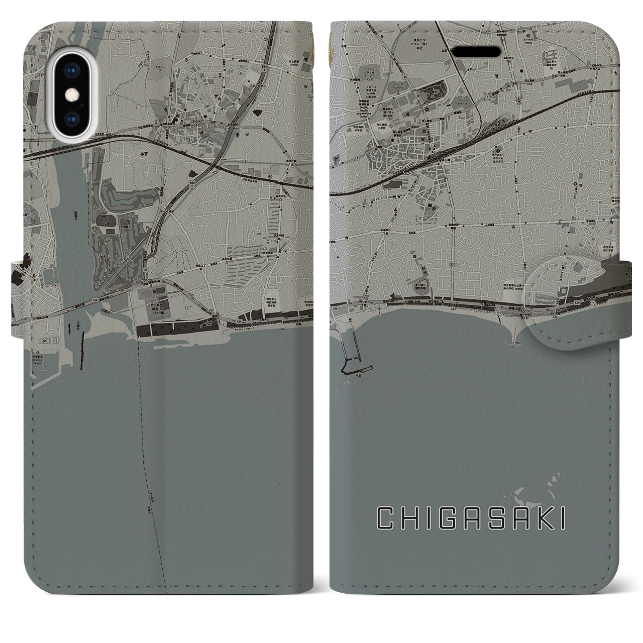 【茅ヶ崎(神奈川県)】地図柄iPhoneケース(手帳タイプ)モノトーン・iPhone XS Max 用
