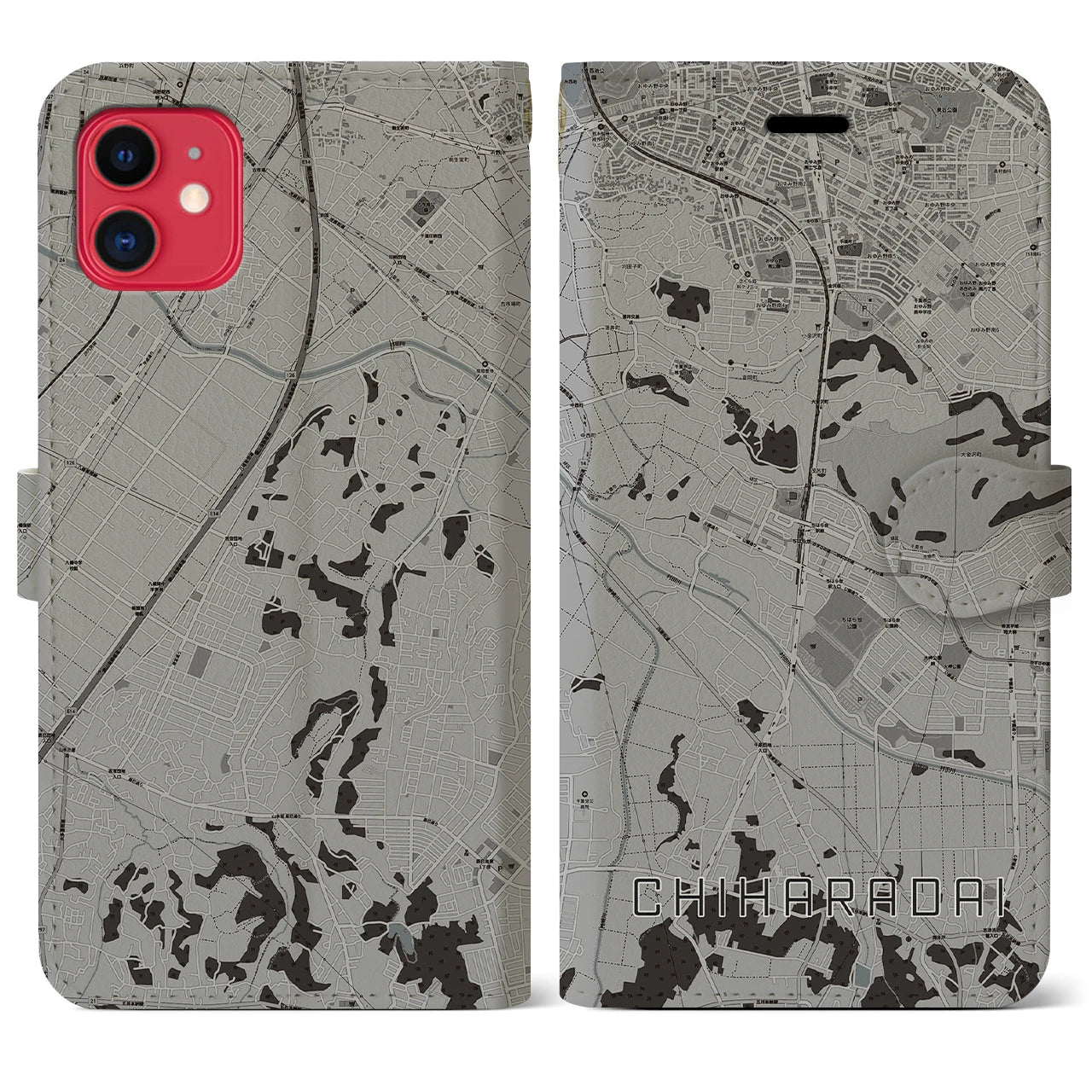 【ちはら台(千葉県)】地図柄iPhoneケース(手帳タイプ)モノトーン・iPhone 11 用