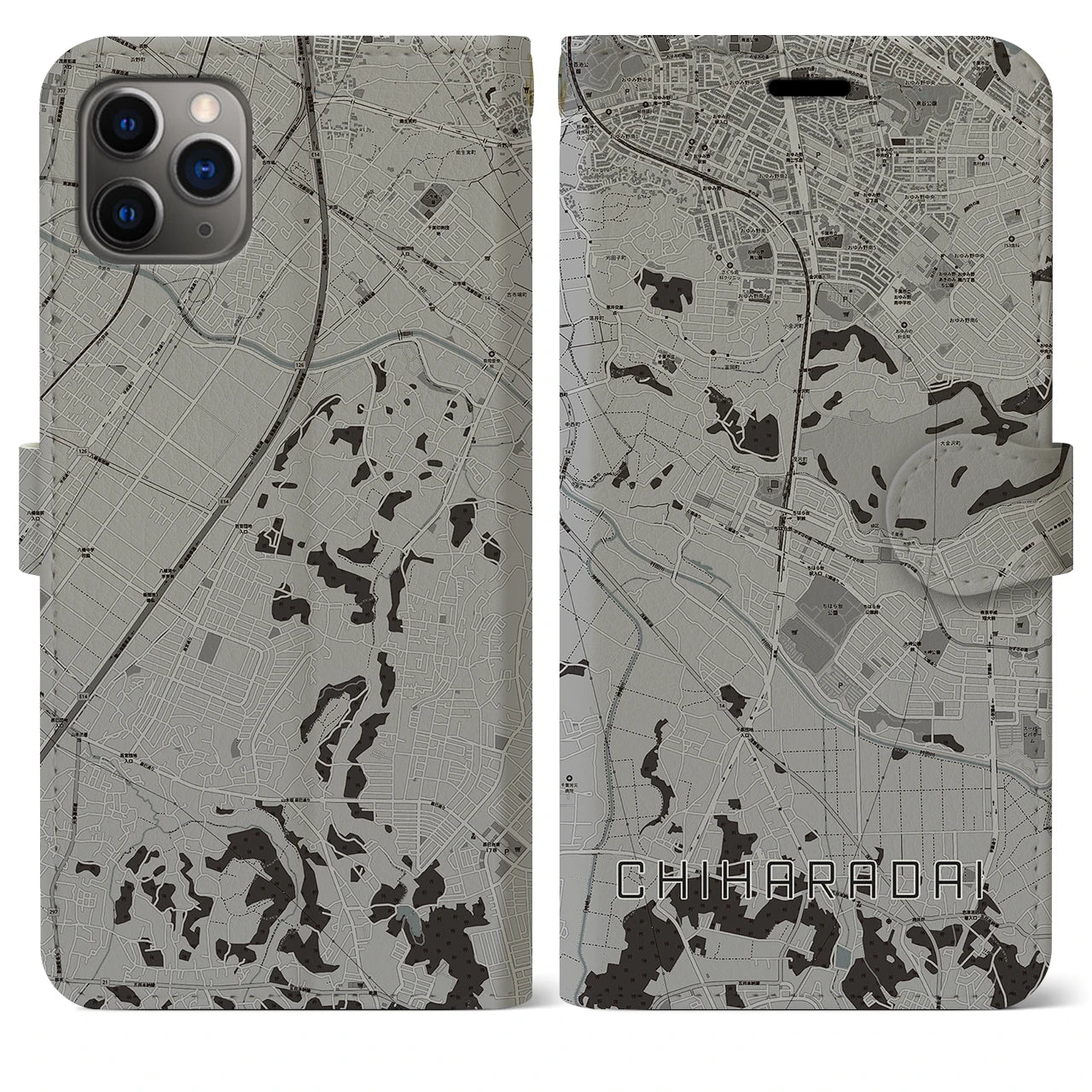【ちはら台(千葉県)】地図柄iPhoneケース(手帳タイプ)モノトーン・iPhone 11 Pro Max 用