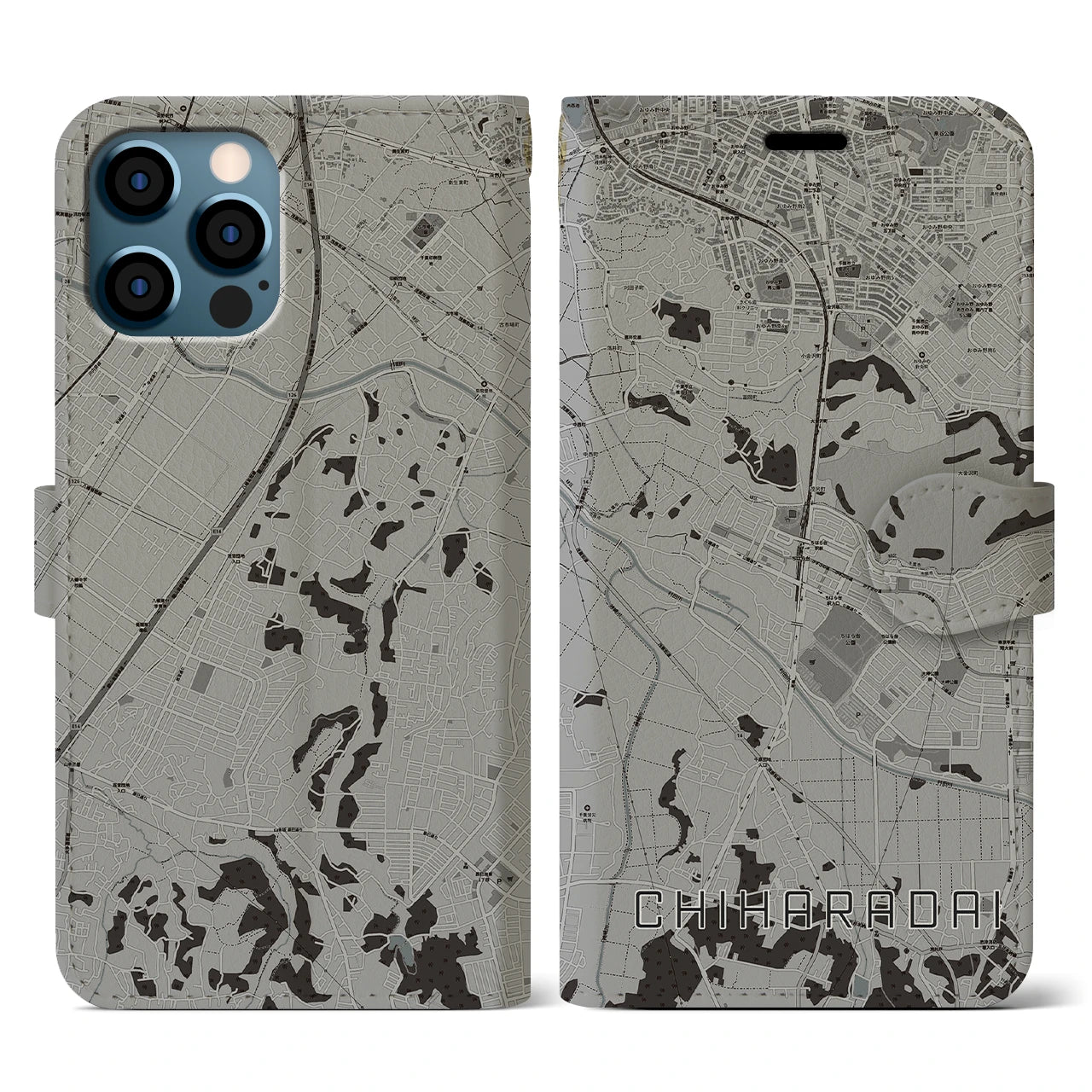 【ちはら台(千葉県)】地図柄iPhoneケース(手帳タイプ)モノトーン・iPhone 12 / 12 Pro 用