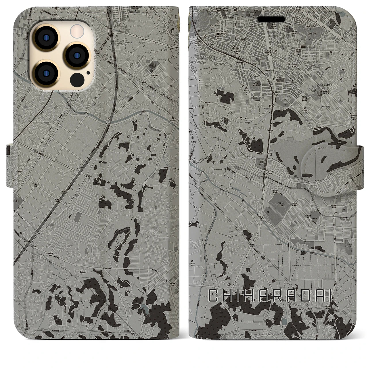 【ちはら台(千葉県)】地図柄iPhoneケース(手帳タイプ)モノトーン・iPhone 12 Pro Max 用