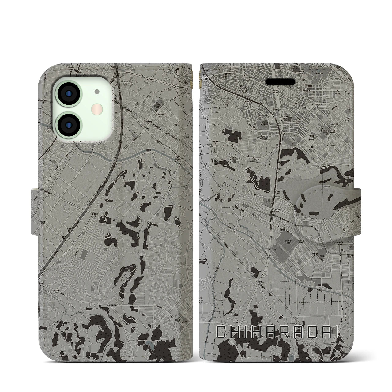 【ちはら台(千葉県)】地図柄iPhoneケース(手帳タイプ)モノトーン・iPhone 12 mini 用