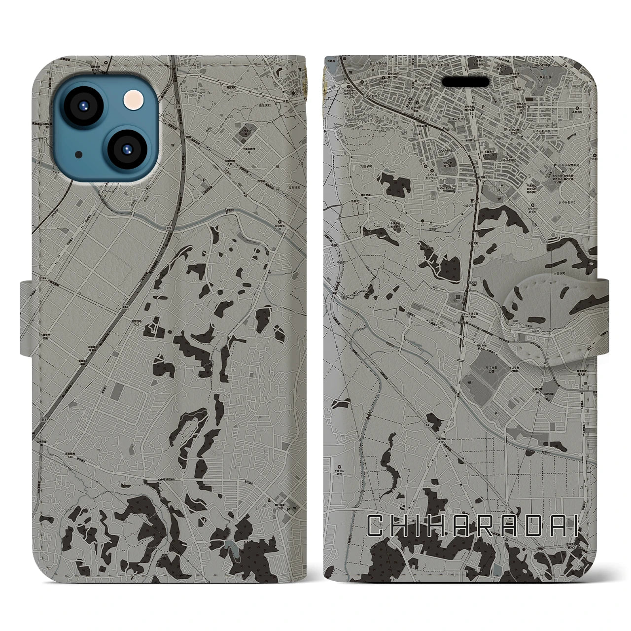 【ちはら台(千葉県)】地図柄iPhoneケース(手帳タイプ)モノトーン・iPhone 13 用