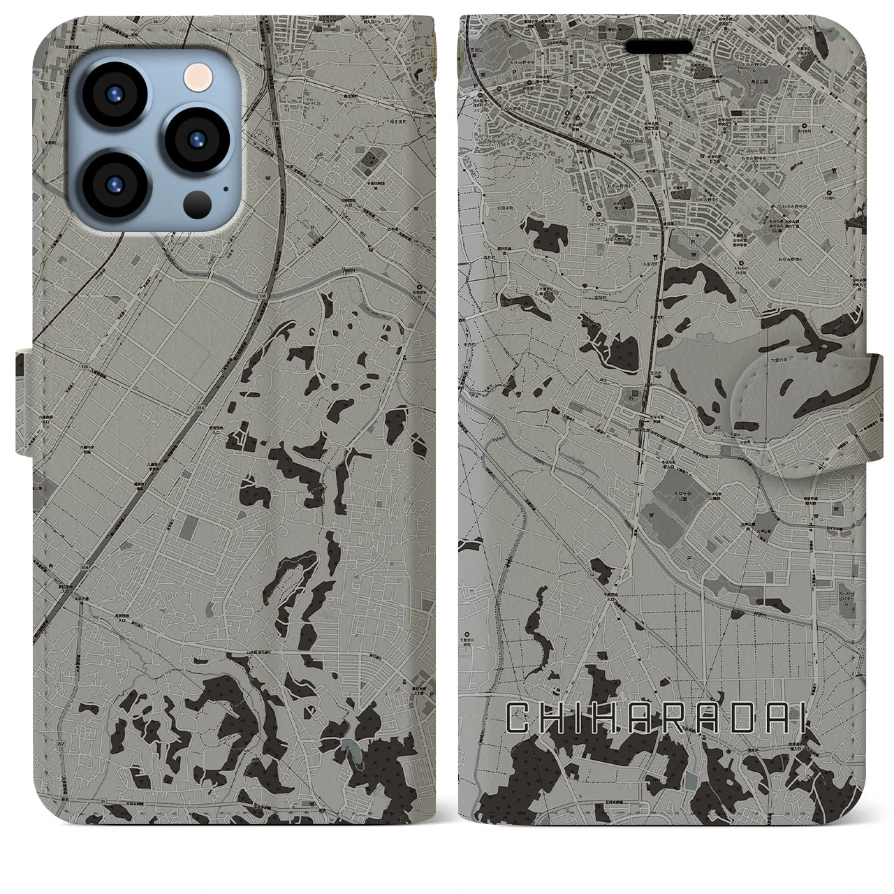 【ちはら台(千葉県)】地図柄iPhoneケース(手帳タイプ)モノトーン・iPhone 13 Pro Max 用