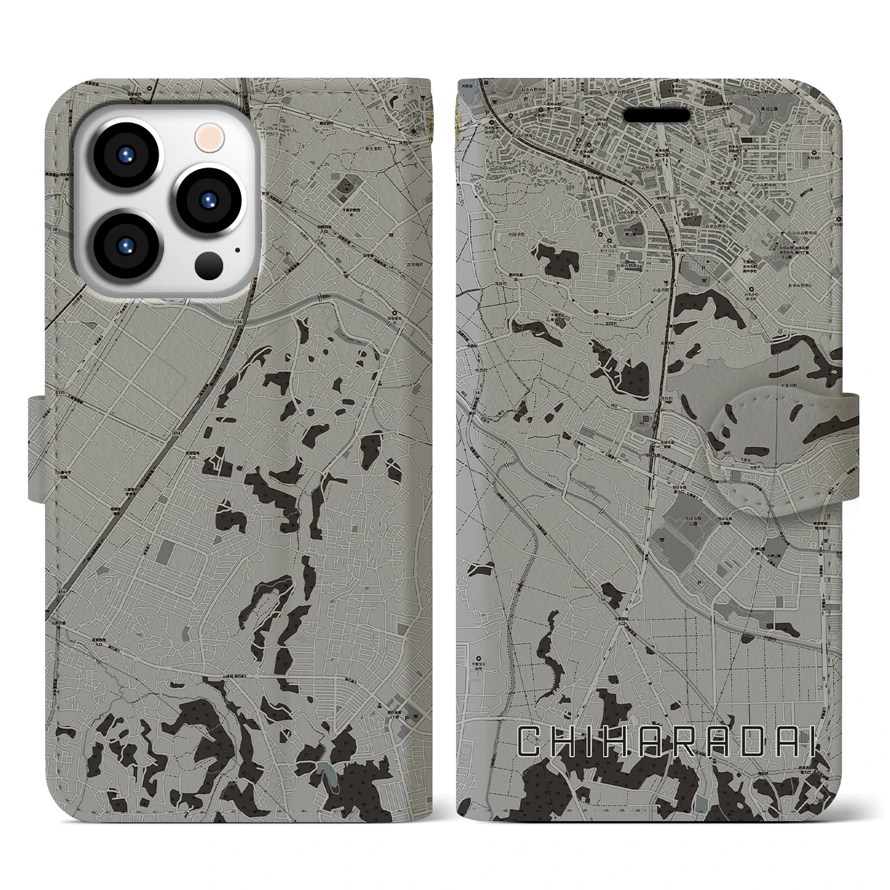 【ちはら台(千葉県)】地図柄iPhoneケース(手帳タイプ)モノトーン・iPhone 13 Pro 用
