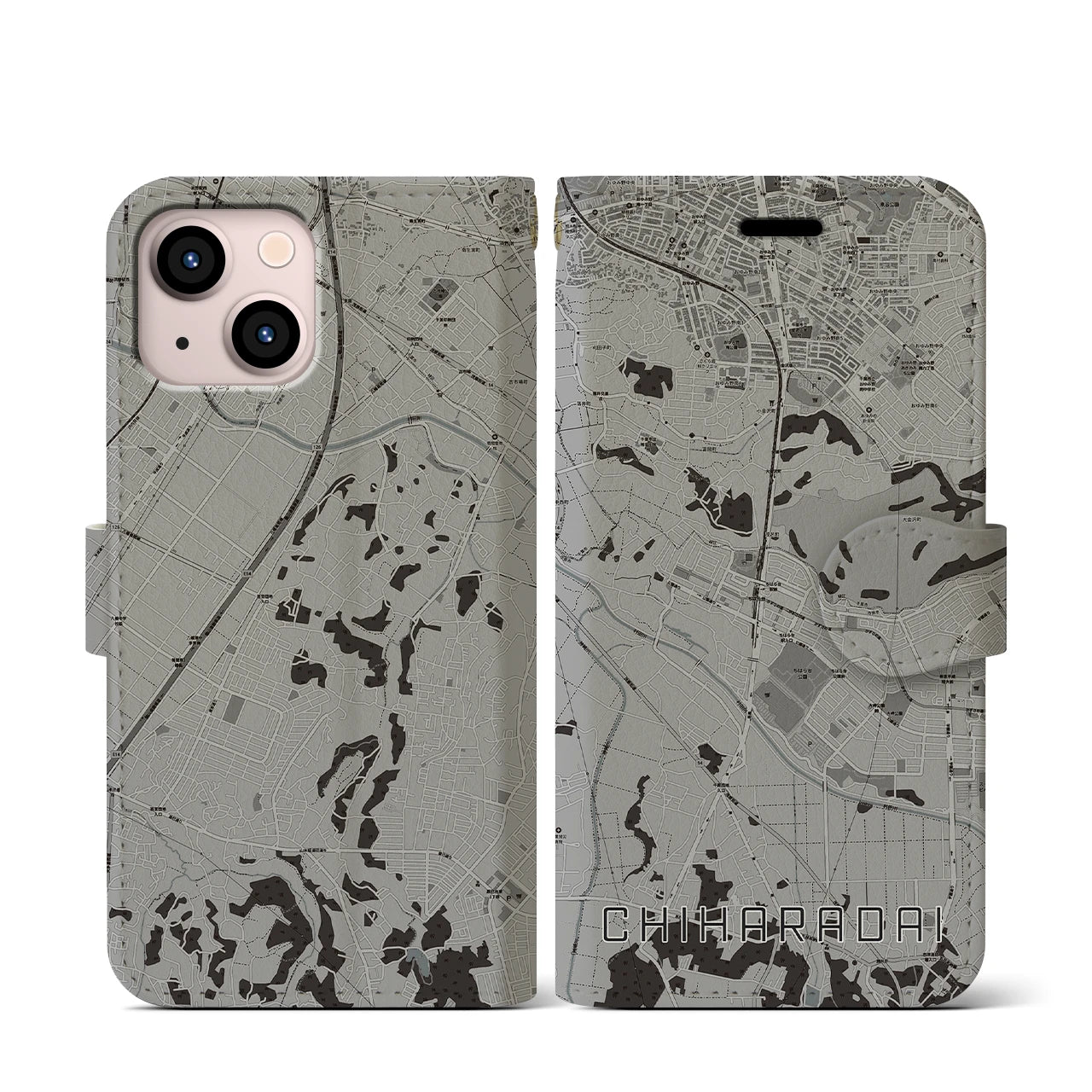 【ちはら台(千葉県)】地図柄iPhoneケース(手帳タイプ)モノトーン・iPhone 13 mini 用