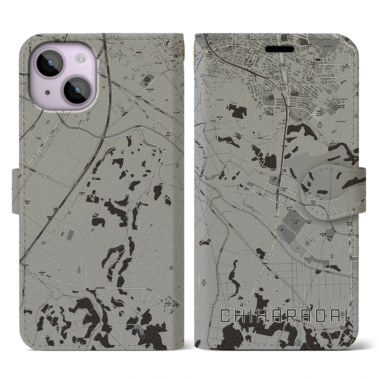 【ちはら台(千葉県)】地図柄iPhoneケース(手帳タイプ)モノトーン・iPhone 14 用
