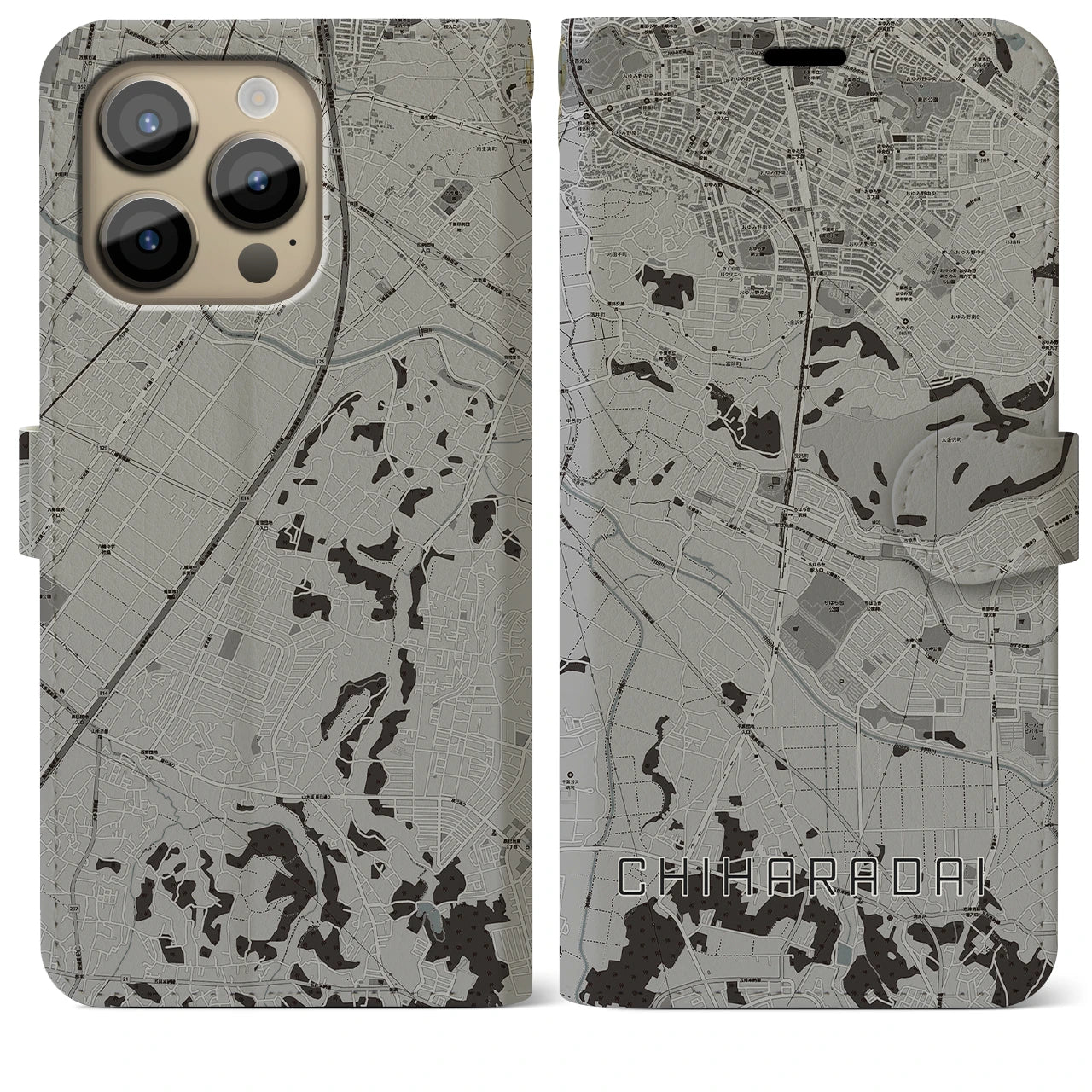 【ちはら台(千葉県)】地図柄iPhoneケース(手帳タイプ)モノトーン・iPhone 14 Pro Max 用