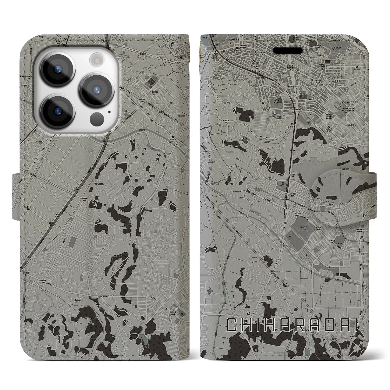 【ちはら台(千葉県)】地図柄iPhoneケース(手帳タイプ)モノトーン・iPhone 14 Pro 用