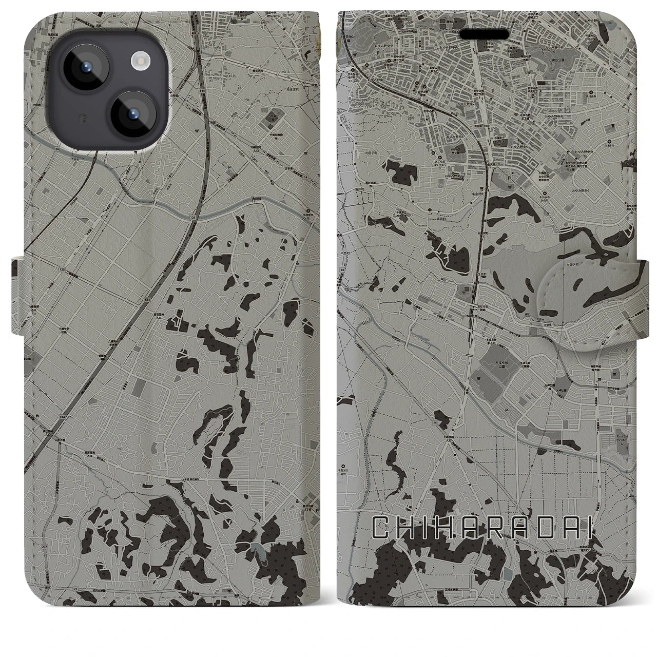 【ちはら台(千葉県)】地図柄iPhoneケース(手帳タイプ)モノトーン・iPhone 14 Plus 用