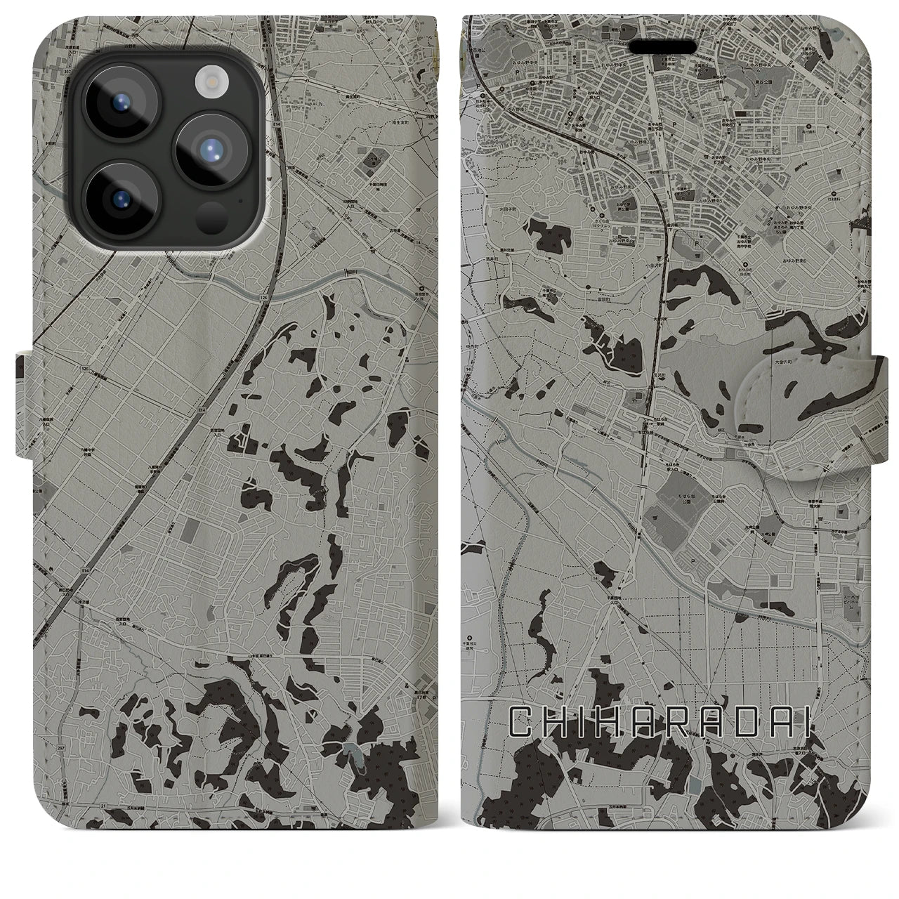 【ちはら台(千葉県)】地図柄iPhoneケース(手帳タイプ)モノトーン・iPhone 15 Pro Max 用
