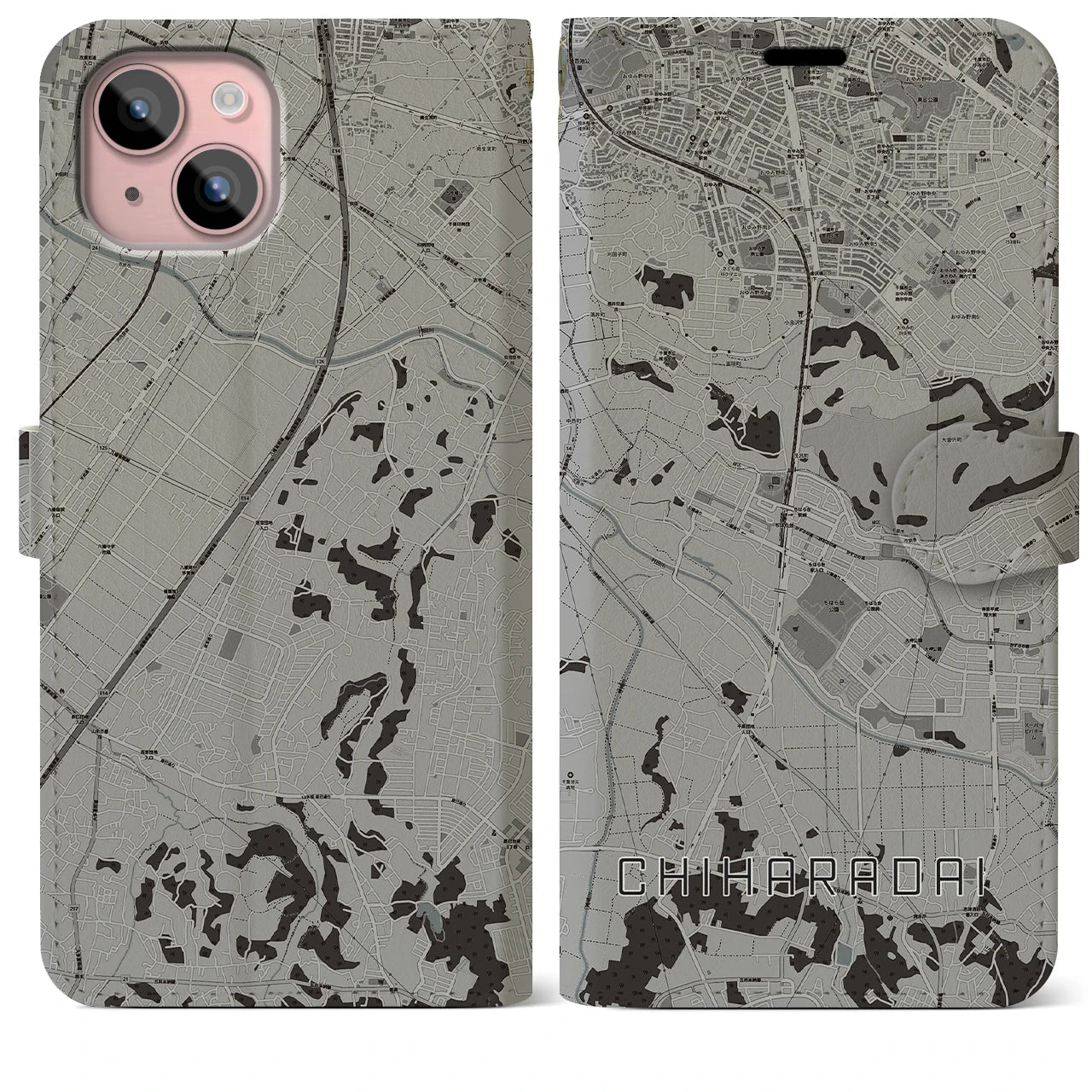 【ちはら台(千葉県)】地図柄iPhoneケース(手帳タイプ)モノトーン・iPhone 15 Plus 用
