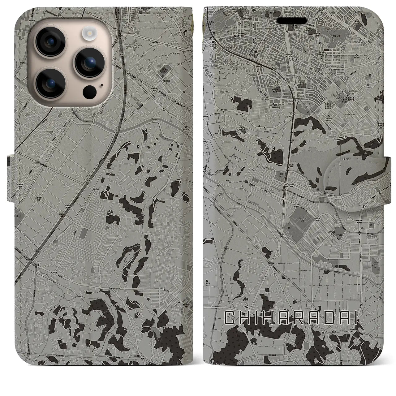 【ちはら台(千葉県)】地図柄iPhoneケース(手帳タイプ)モノトーン・iPhone 16 Plus 用