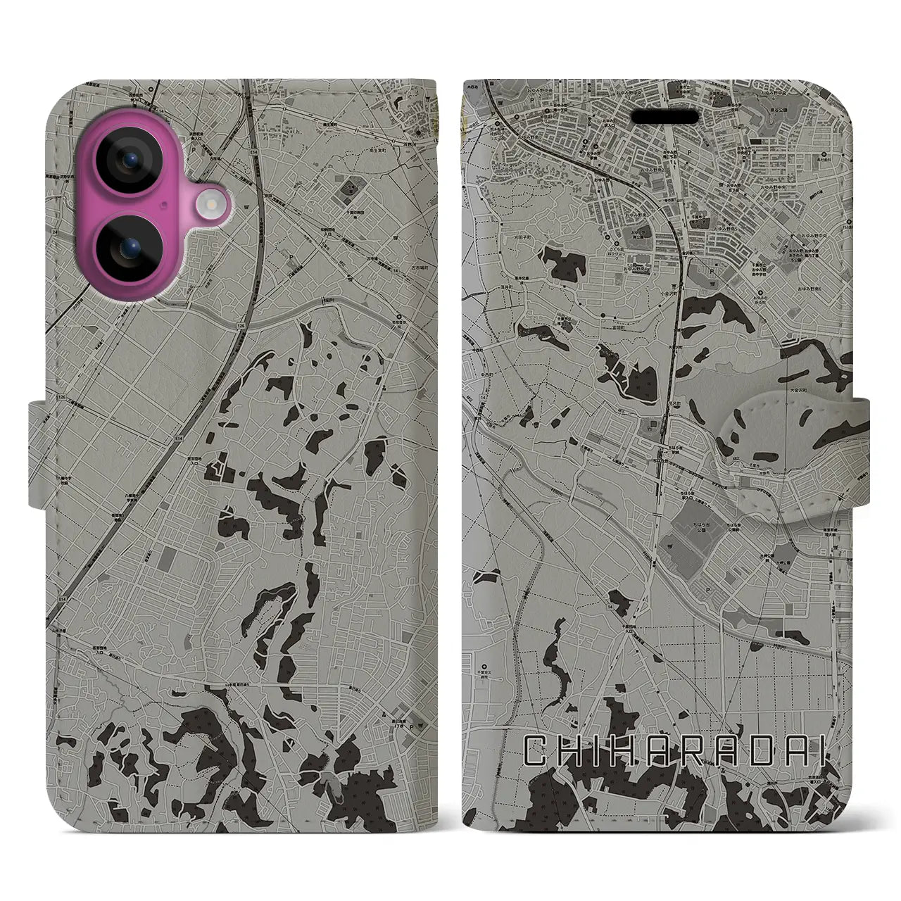 【ちはら台(千葉県)】地図柄iPhoneケース(手帳タイプ)モノトーン・iPhone 16 Pro 用