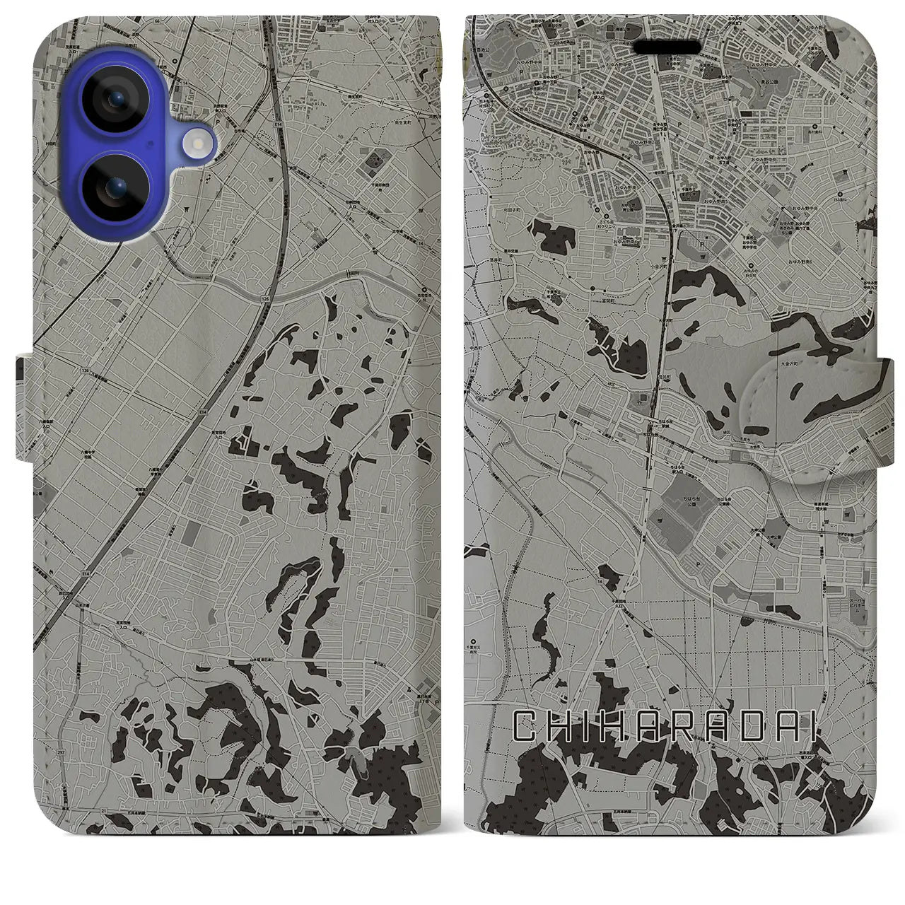 【ちはら台(千葉県)】地図柄iPhoneケース(手帳タイプ)モノトーン・iPhone 16 Pro Max 用