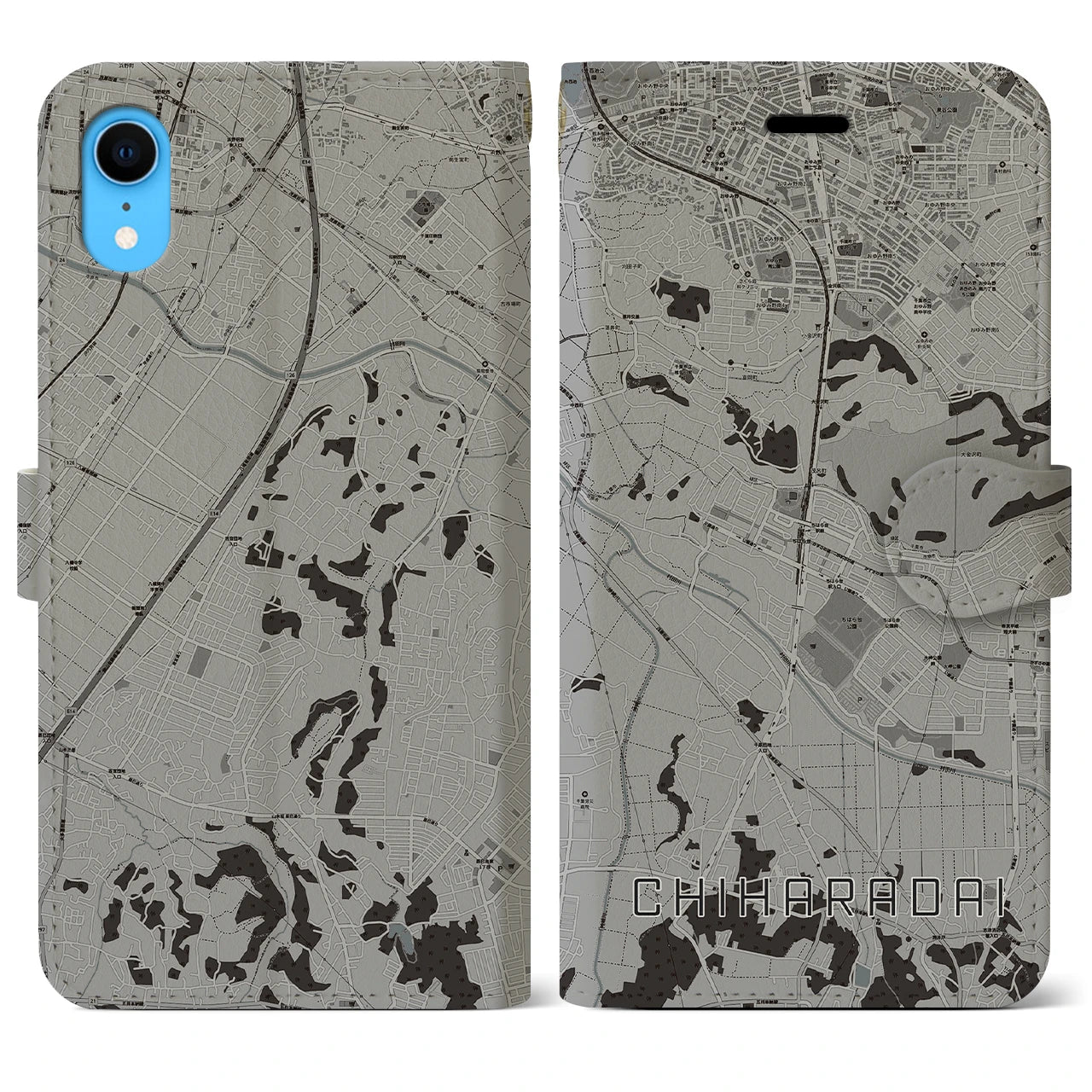 【ちはら台(千葉県)】地図柄iPhoneケース(手帳タイプ)モノトーン・iPhone XR 用