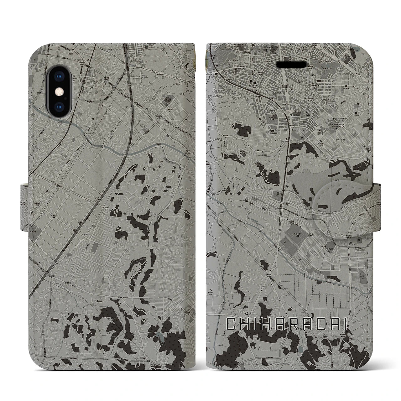 【ちはら台(千葉県)】地図柄iPhoneケース(手帳タイプ)モノトーン・iPhone XS / X 用
