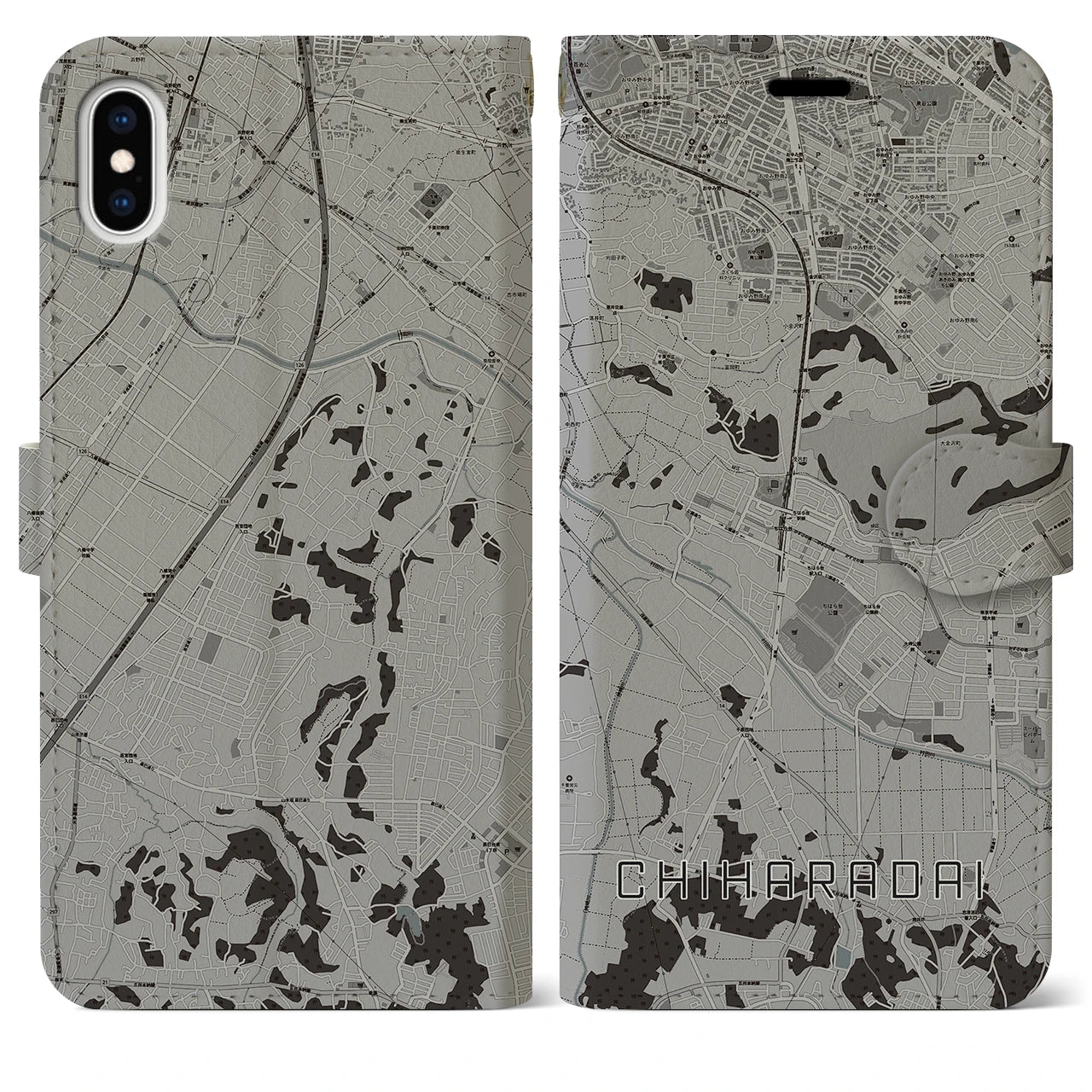 【ちはら台(千葉県)】地図柄iPhoneケース(手帳タイプ)モノトーン・iPhone XS Max 用