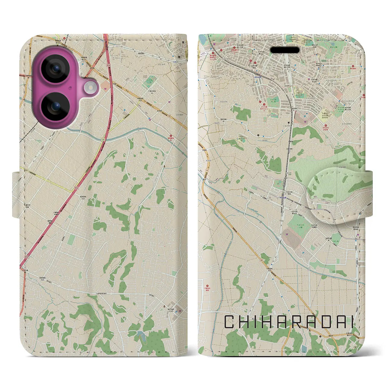 【ちはら台(千葉県)】地図柄iPhoneケース(手帳タイプ)ナチュラル・iPhone 16 Pro 用