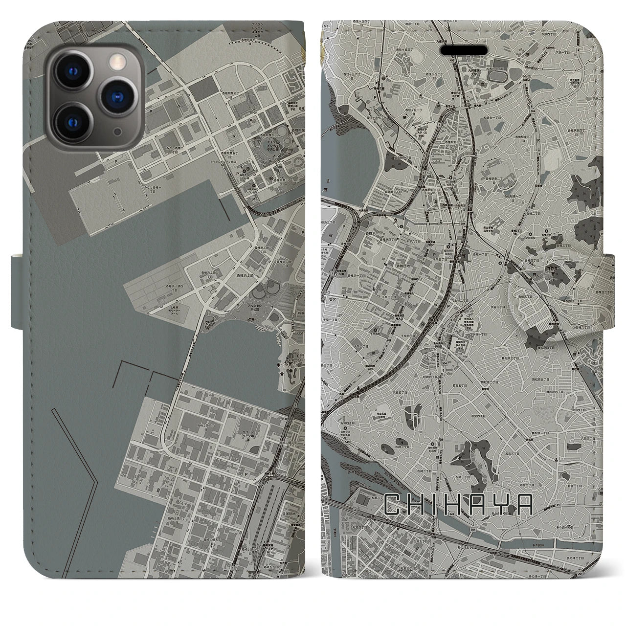 【千早(福岡県)】地図柄iPhoneケース(手帳タイプ)モノトーン・iPhone 11 Pro Max 用