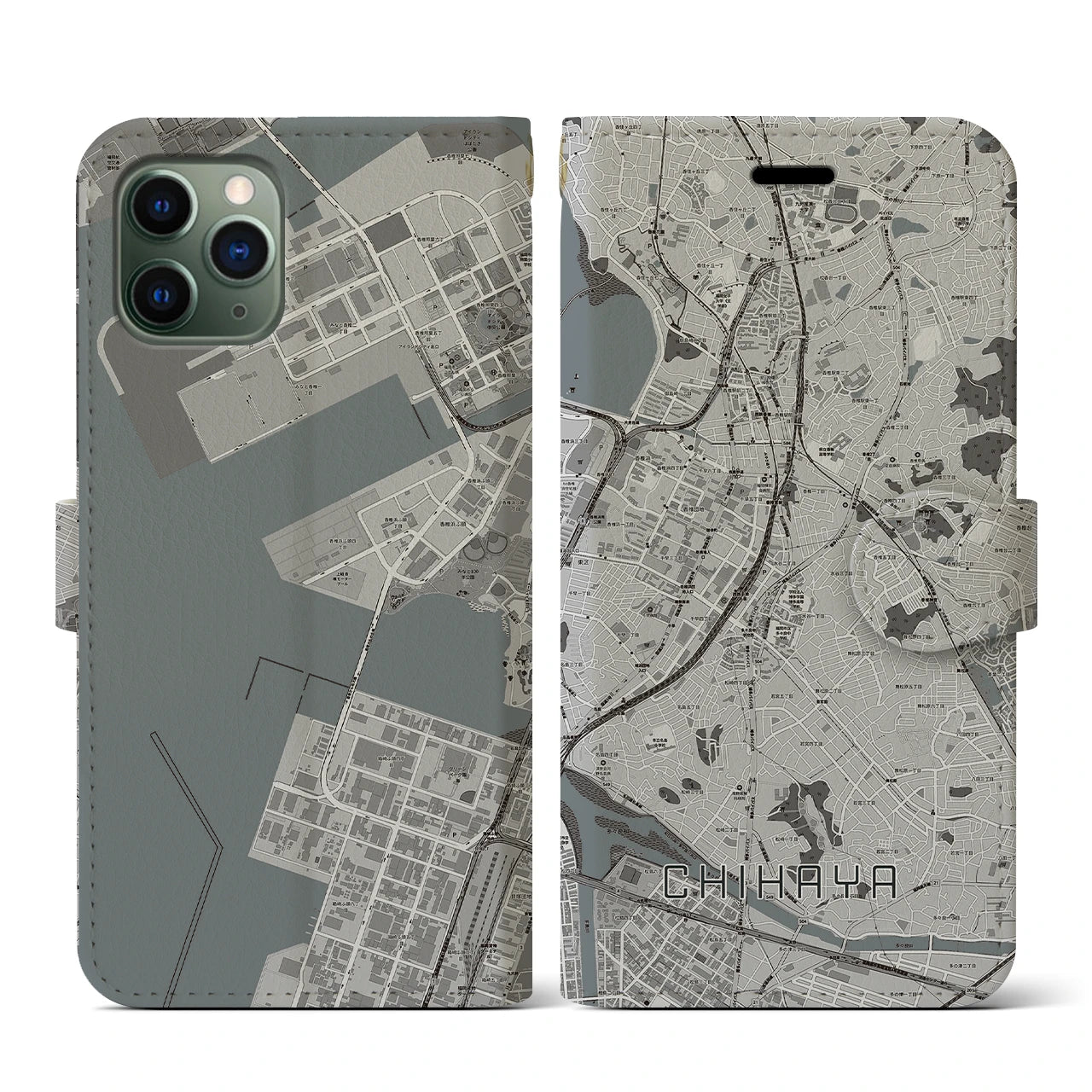 【千早(福岡県)】地図柄iPhoneケース(手帳タイプ)モノトーン・iPhone 11 Pro 用