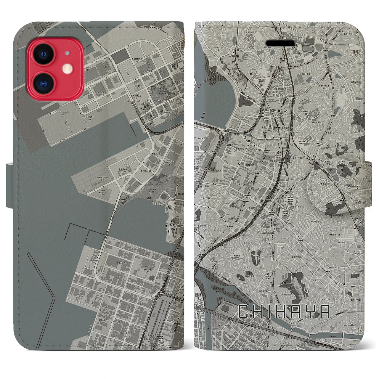 【千早(福岡県)】地図柄iPhoneケース(手帳タイプ)モノトーン・iPhone 11 用