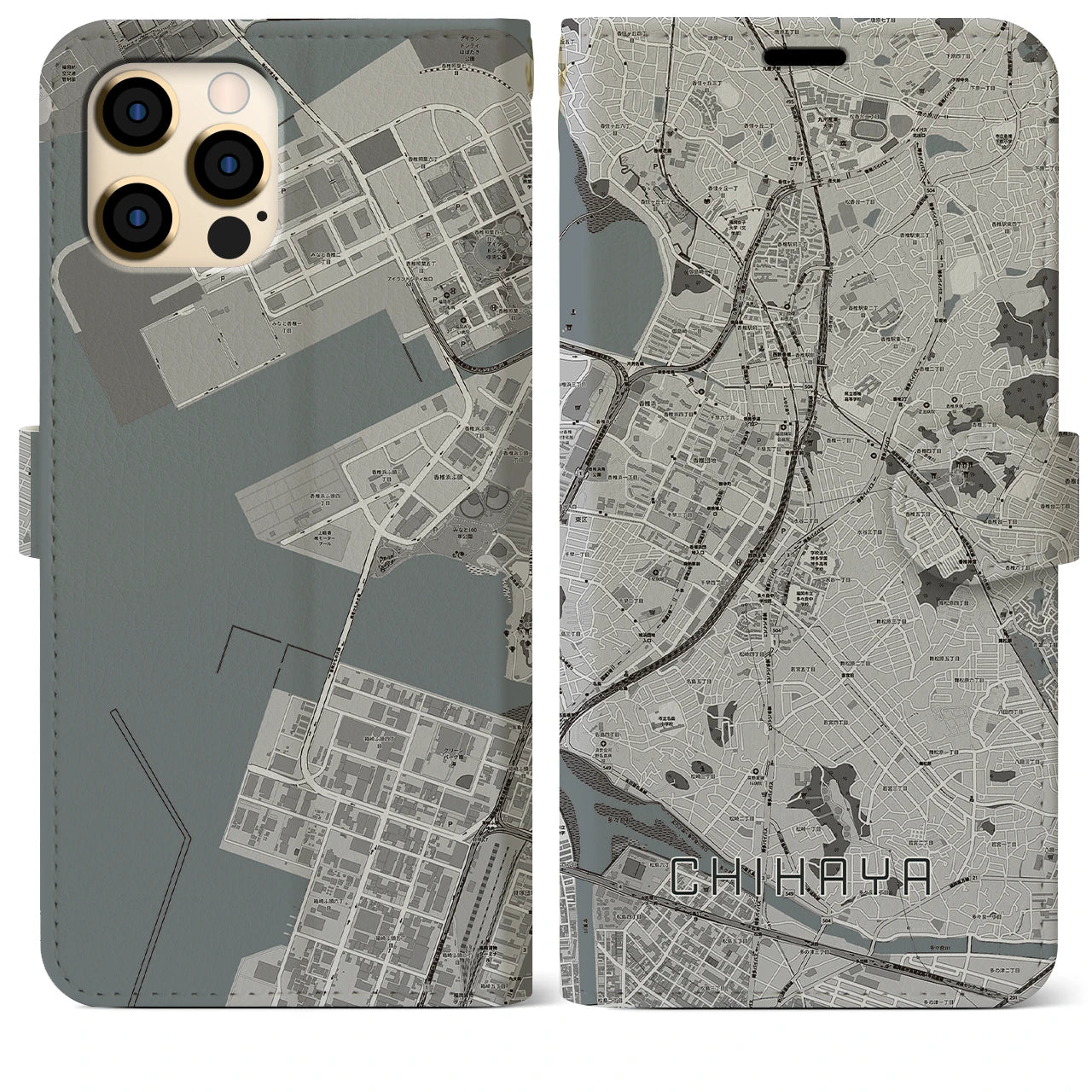 【千早(福岡県)】地図柄iPhoneケース(手帳タイプ)モノトーン・iPhone 12 Pro Max 用