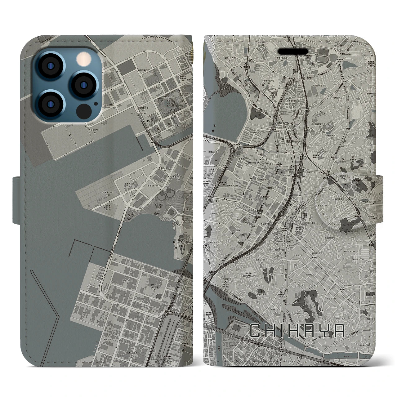 【千早(福岡県)】地図柄iPhoneケース(手帳タイプ)モノトーン・iPhone 12 / 12 Pro 用