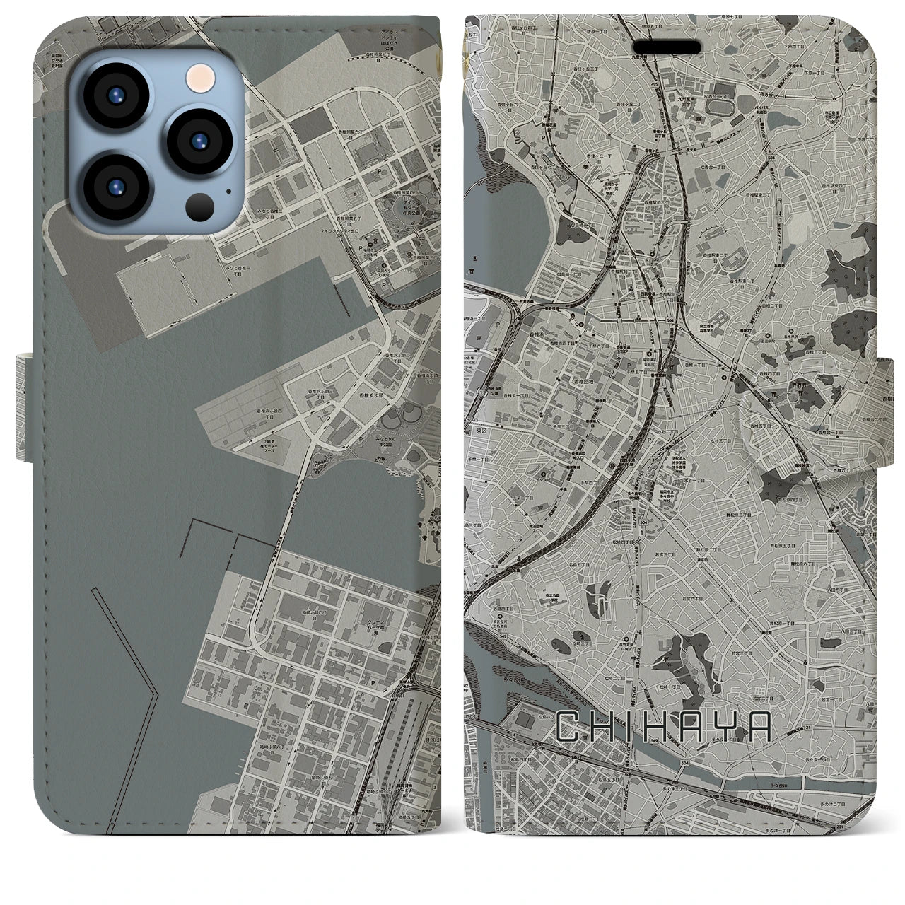 【千早(福岡県)】地図柄iPhoneケース(手帳タイプ)モノトーン・iPhone 13 Pro Max 用
