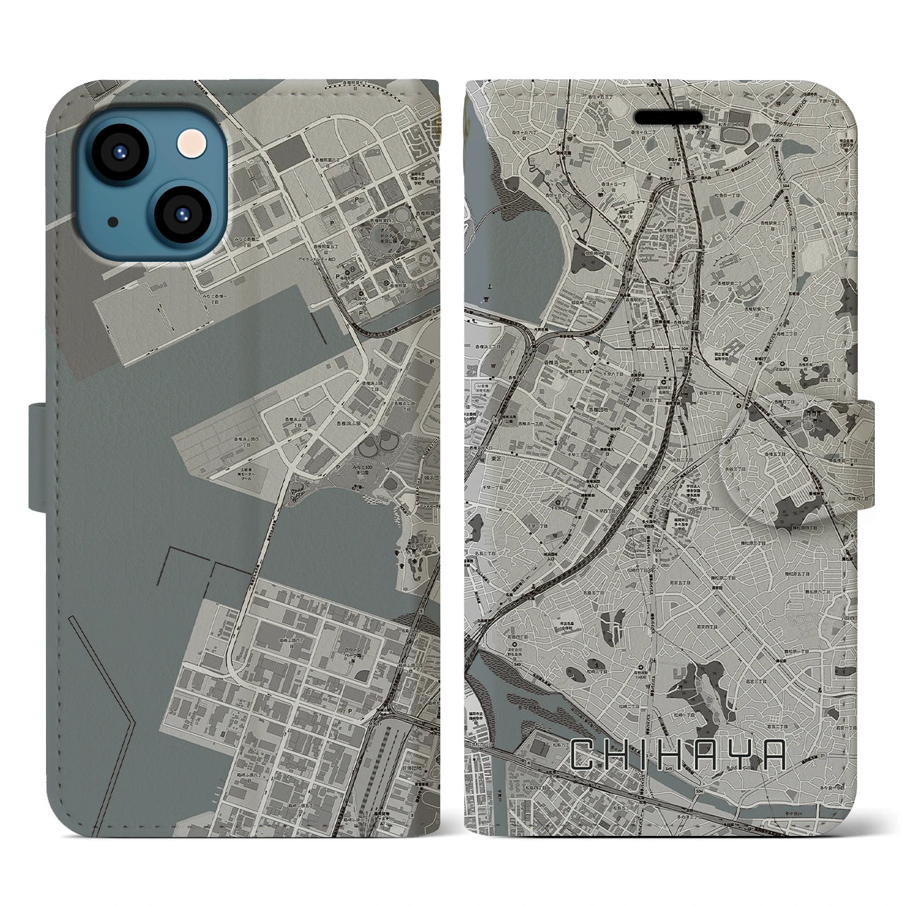 【千早(福岡県)】地図柄iPhoneケース(手帳タイプ)モノトーン・iPhone 13 用