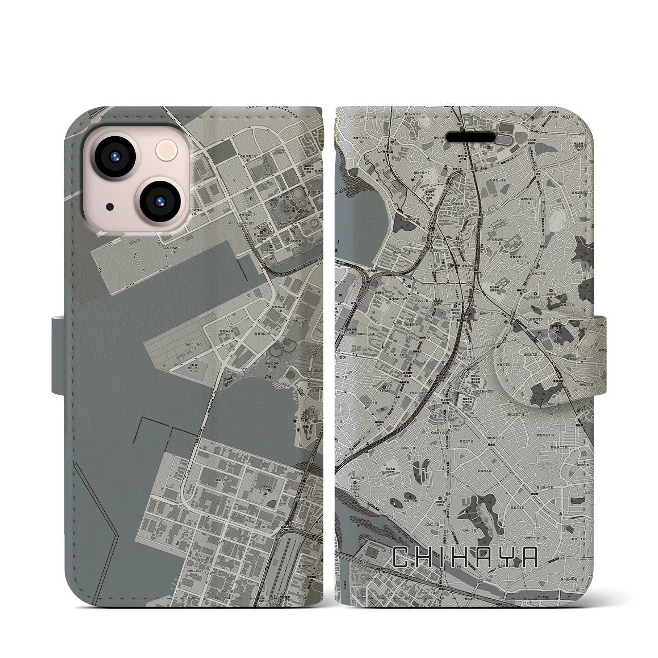 【千早(福岡県)】地図柄iPhoneケース(手帳タイプ)モノトーン・iPhone 13 mini 用