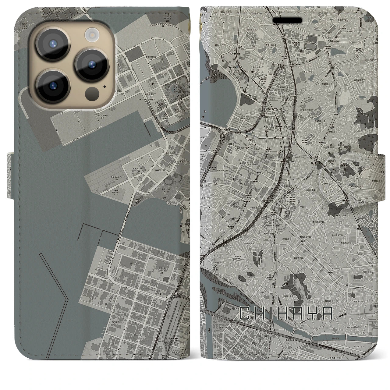 【千早(福岡県)】地図柄iPhoneケース(手帳タイプ)モノトーン・iPhone 14 Pro Max 用