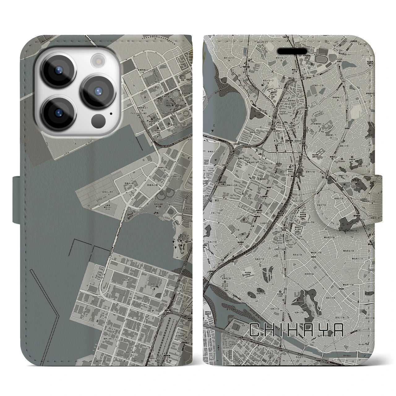 【千早(福岡県)】地図柄iPhoneケース(手帳タイプ)モノトーン・iPhone 14 Pro 用