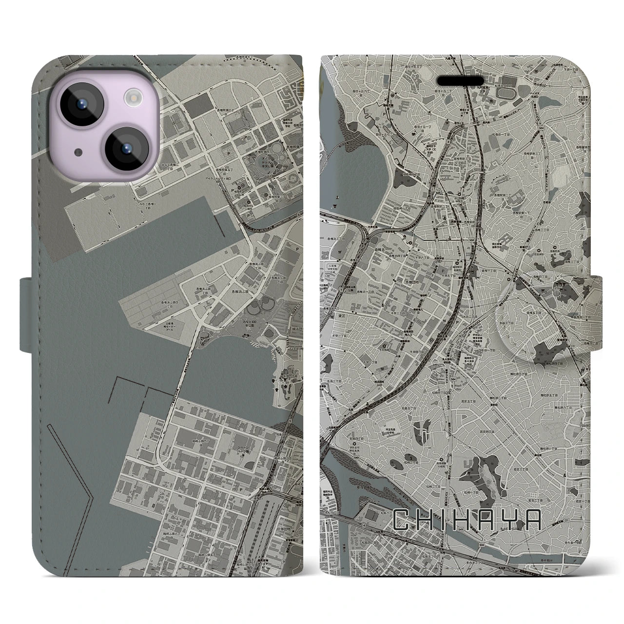 【千早(福岡県)】地図柄iPhoneケース(手帳タイプ)モノトーン・iPhone 14 用