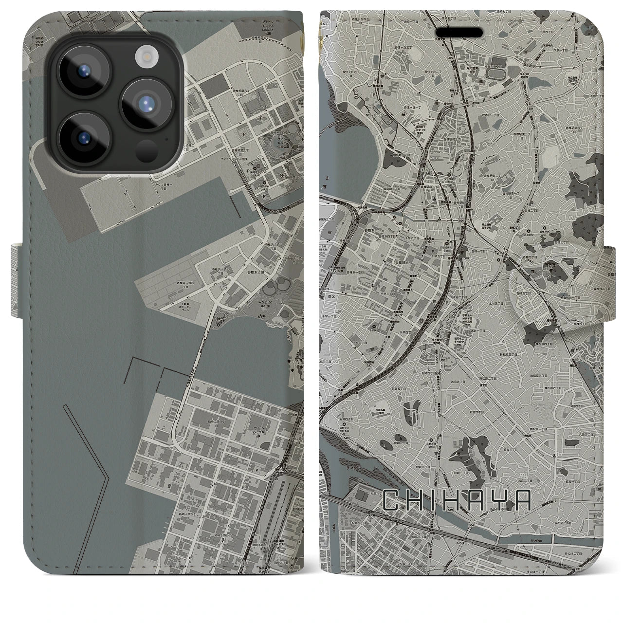 【千早(福岡県)】地図柄iPhoneケース(手帳タイプ)モノトーン・iPhone 15 Pro Max 用