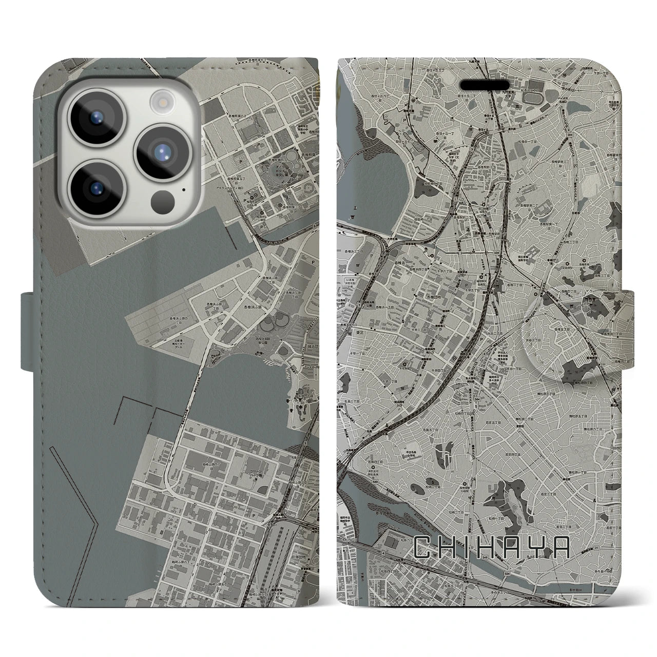 【千早(福岡県)】地図柄iPhoneケース(手帳タイプ)モノトーン・iPhone 15 Pro 用