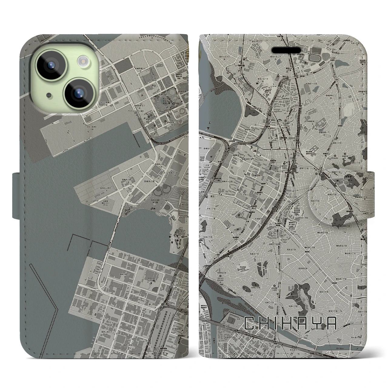 【千早(福岡県)】地図柄iPhoneケース(手帳タイプ)モノトーン・iPhone 15 用