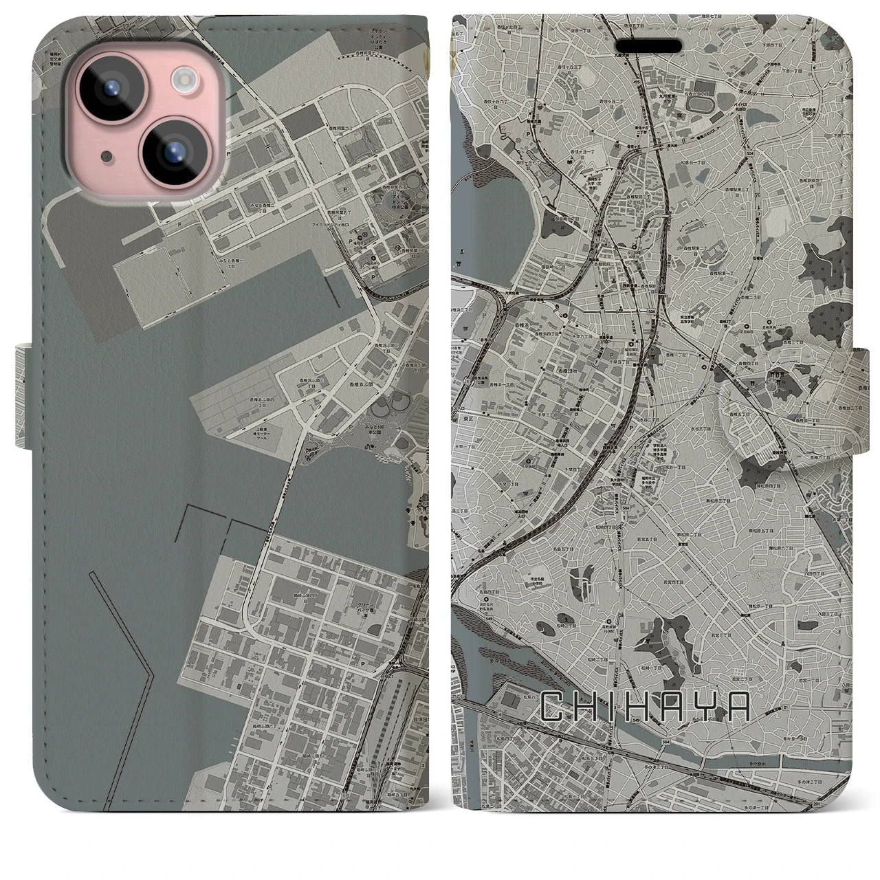 【千早(福岡県)】地図柄iPhoneケース(手帳タイプ)モノトーン・iPhone 15 Plus 用