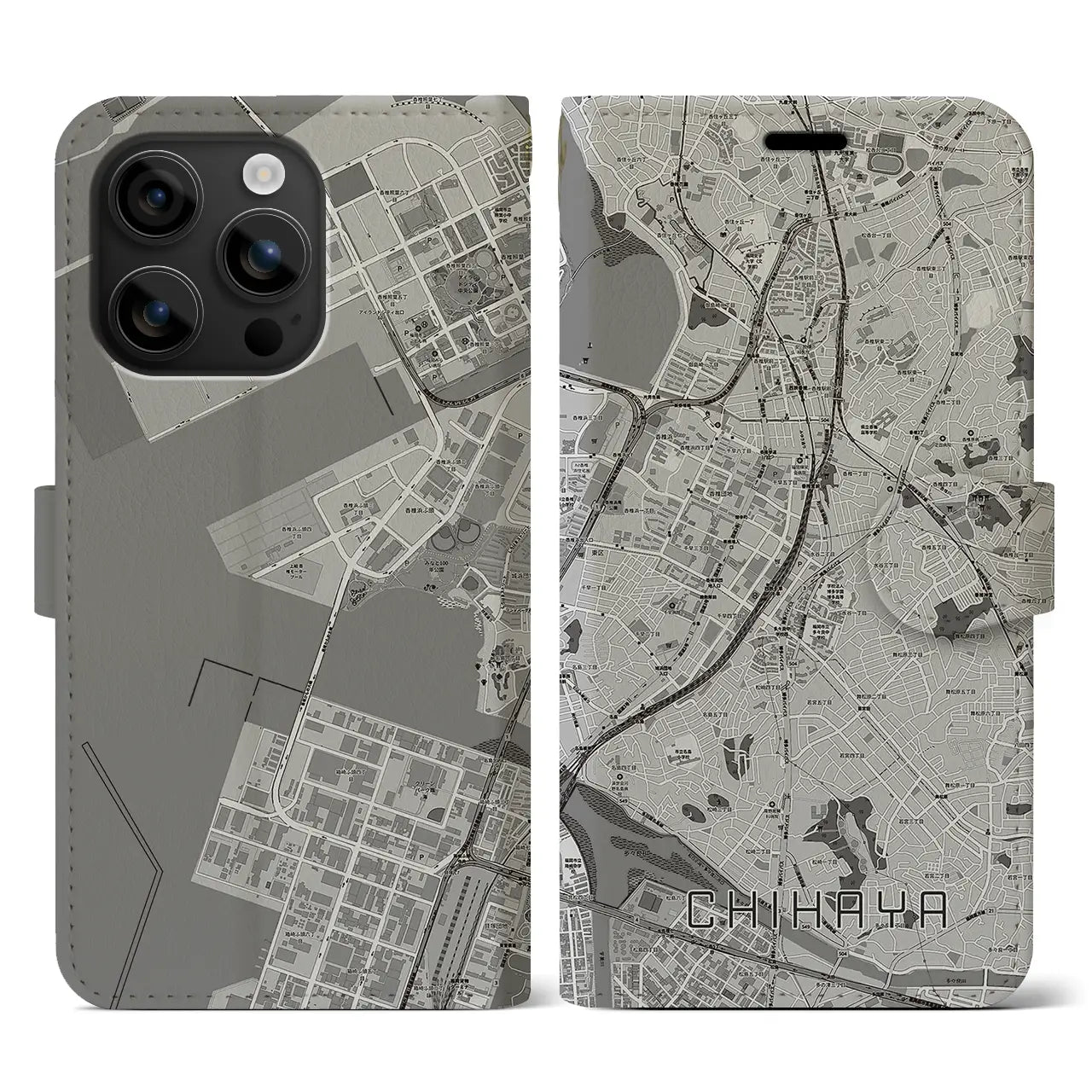 【千早(福岡県)】地図柄iPhoneケース(手帳タイプ)モノトーン・iPhone 16 用