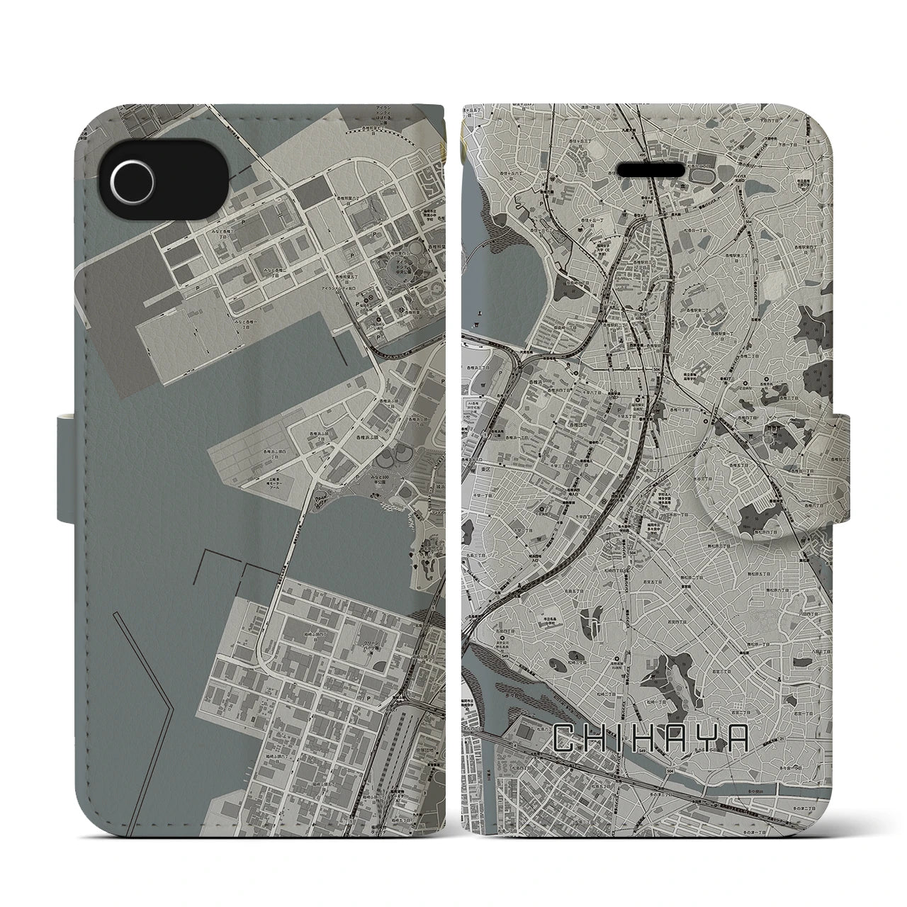 【千早(福岡県)】地図柄iPhoneケース(手帳タイプ)モノトーン・iPhone SE(第3 / 第2世代) / 8 / 7 / 6s / 6 用