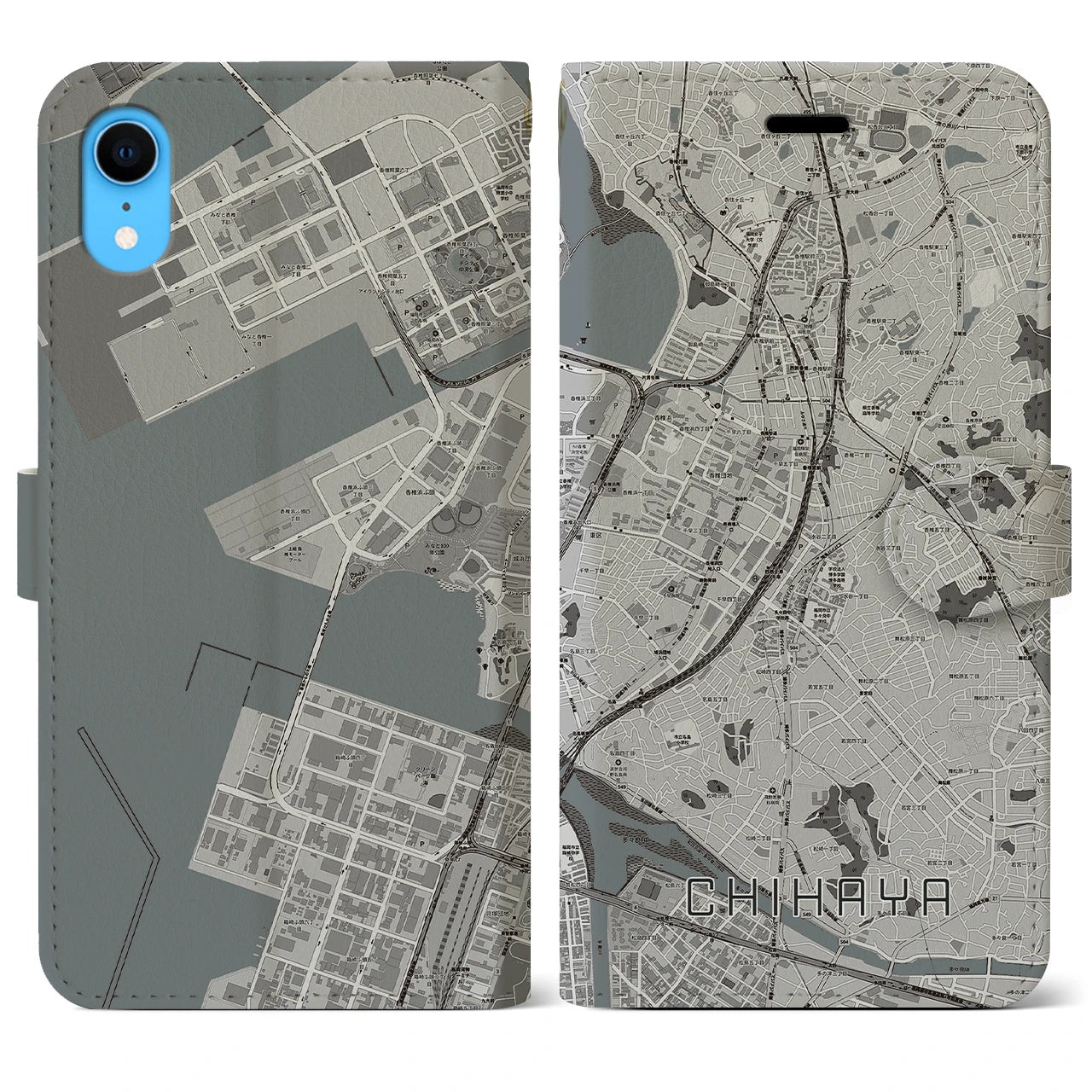 【千早(福岡県)】地図柄iPhoneケース(手帳タイプ)モノトーン・iPhone XR 用