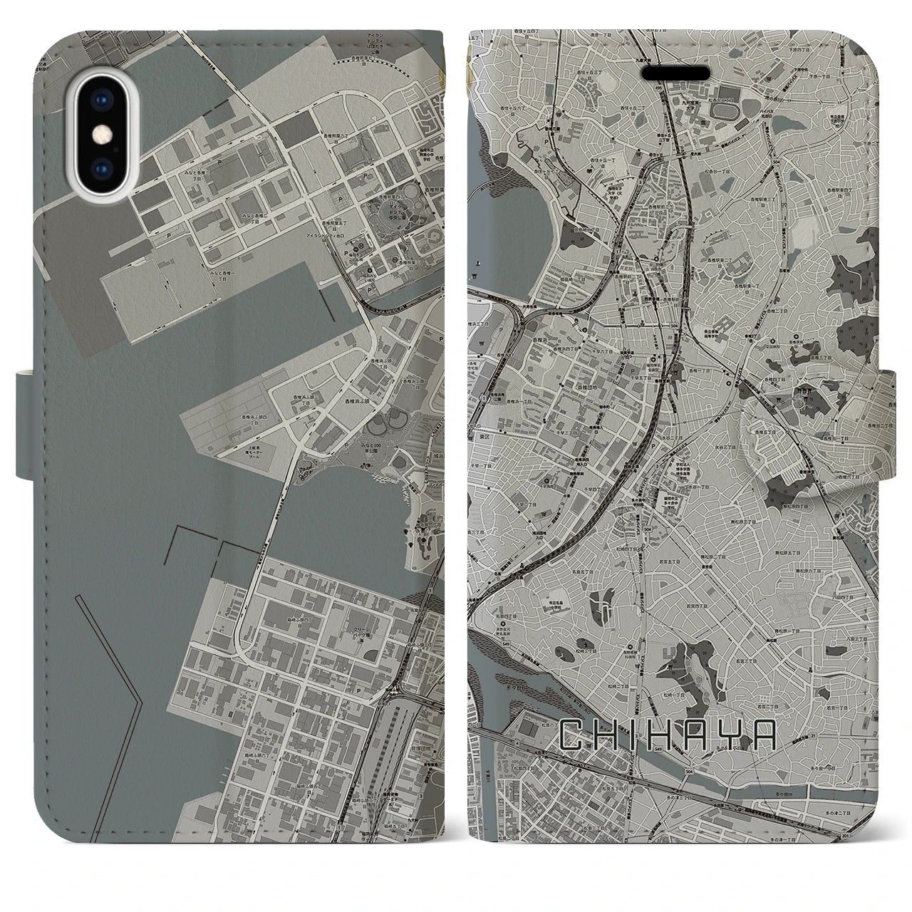 【千早(福岡県)】地図柄iPhoneケース(手帳タイプ)モノトーン・iPhone XS Max 用