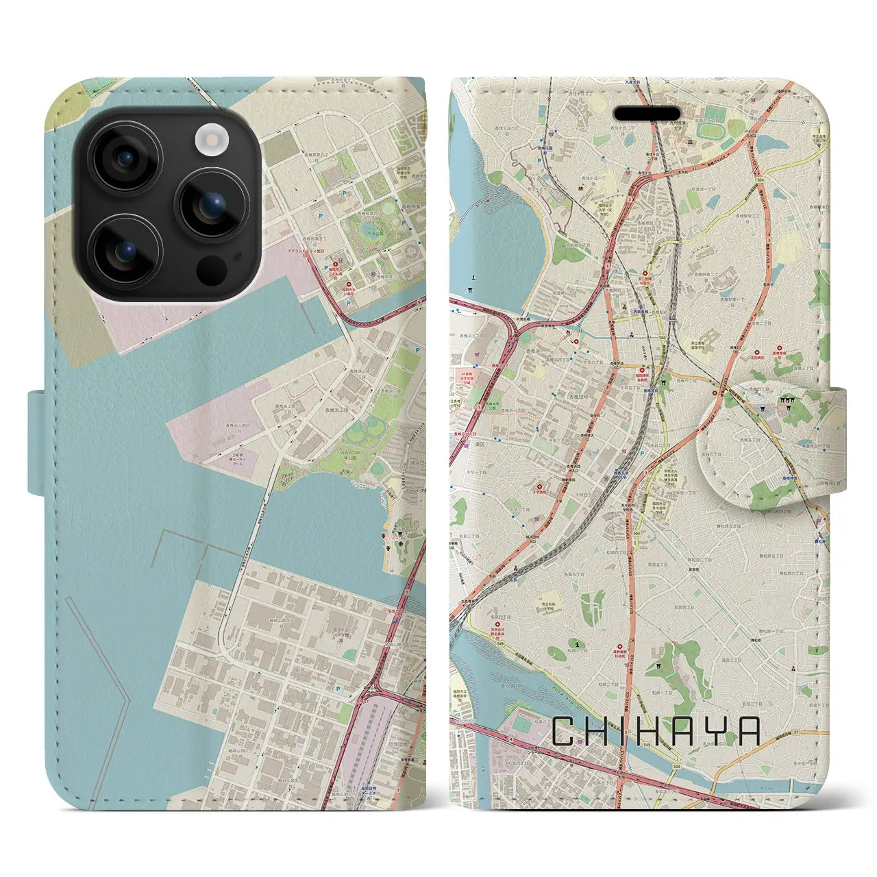 【千早(福岡県)】地図柄iPhoneケース(手帳タイプ)ナチュラル・iPhone 16 用