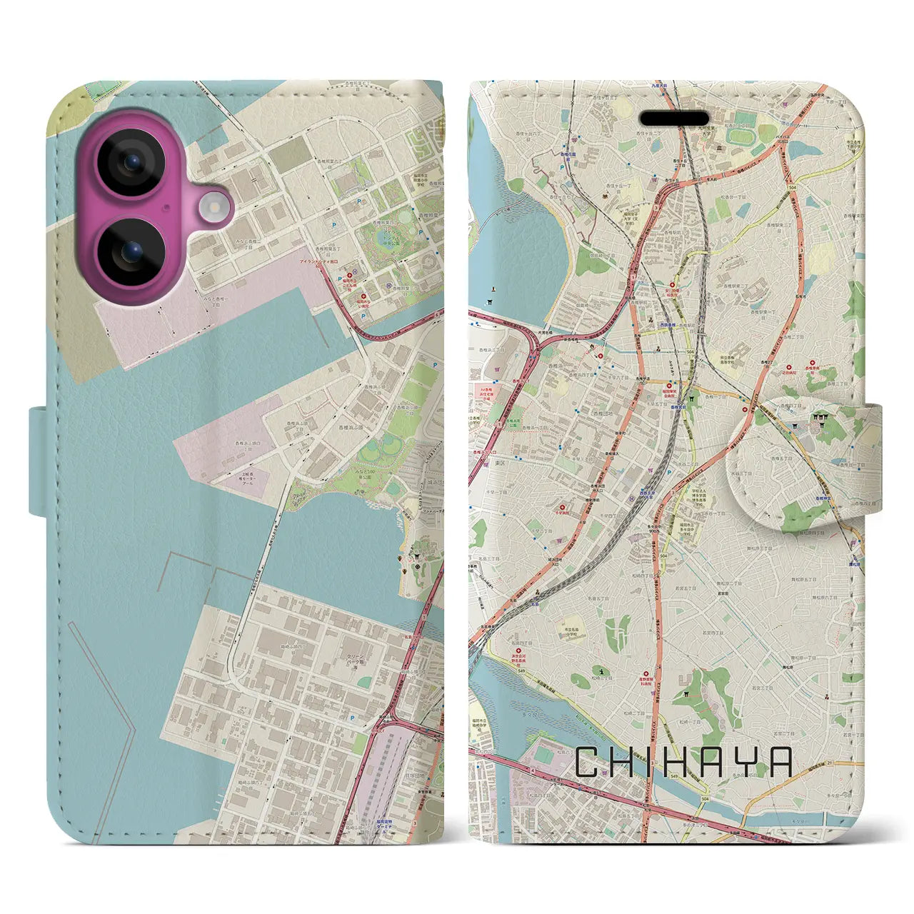 【千早(福岡県)】地図柄iPhoneケース(手帳タイプ)ナチュラル・iPhone 16 Pro 用