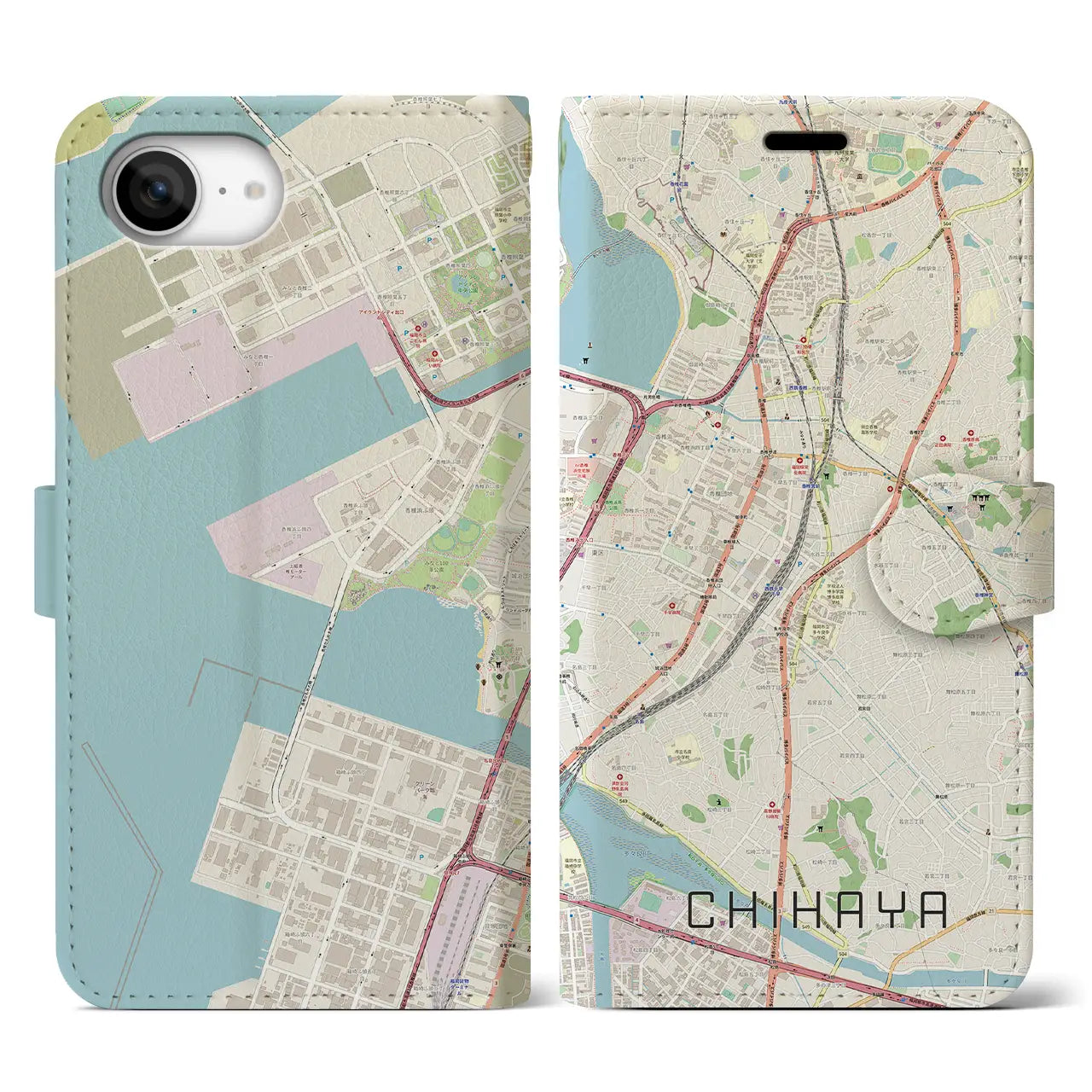 【千早(福岡県)】地図柄iPhoneケース(手帳タイプ)