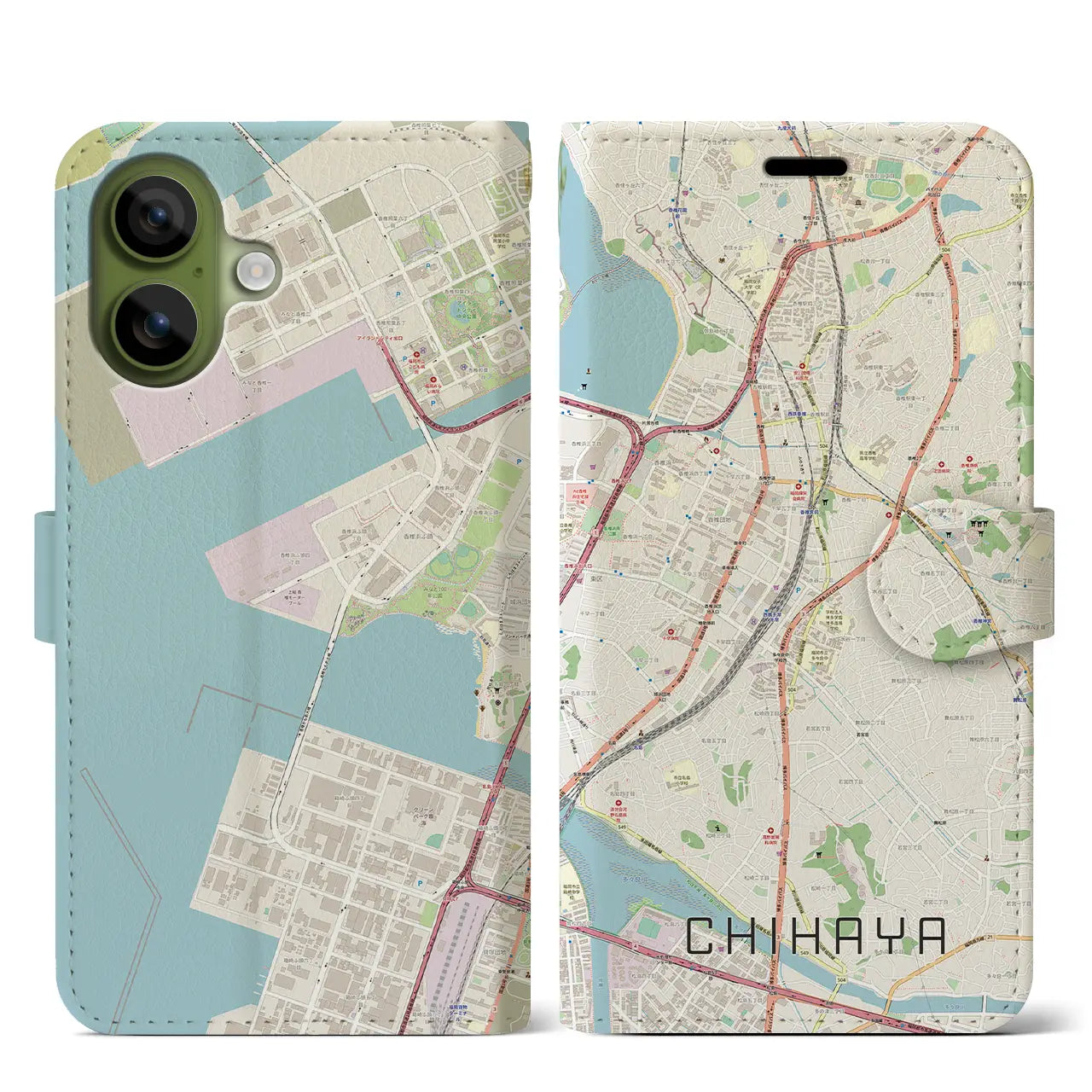 【千早(福岡県)】地図柄iPhoneケース(手帳タイプ)