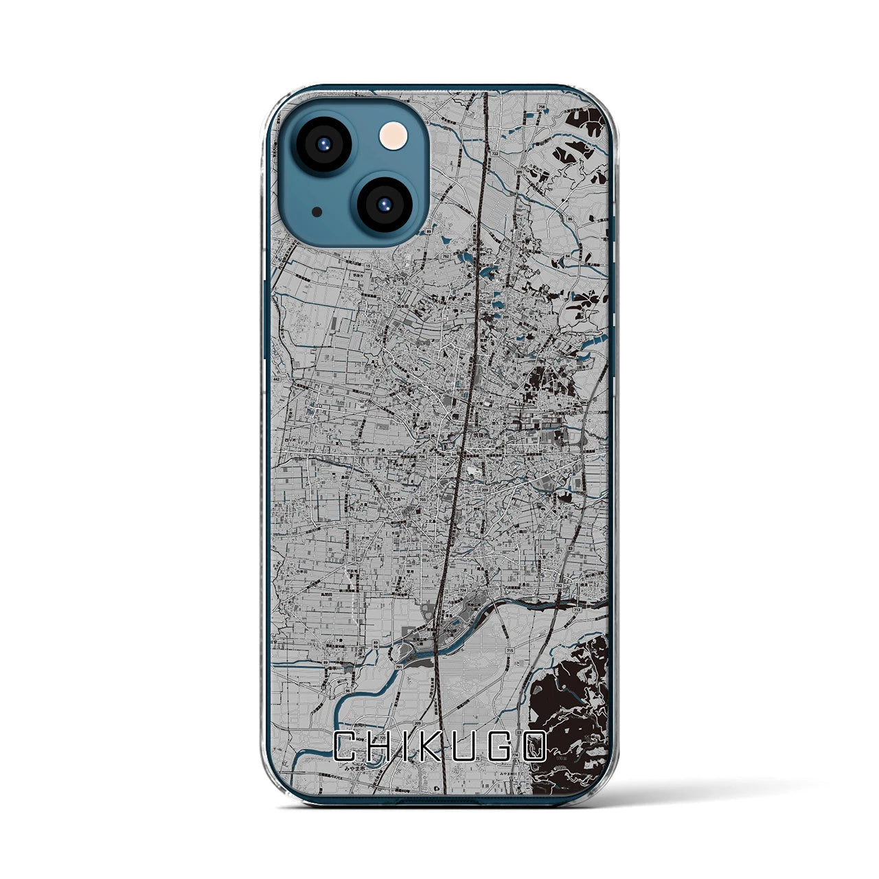 【筑後(福岡県)】地図柄iPhoneケース(クリアタイプ)モノトーン・iPhone 13 用