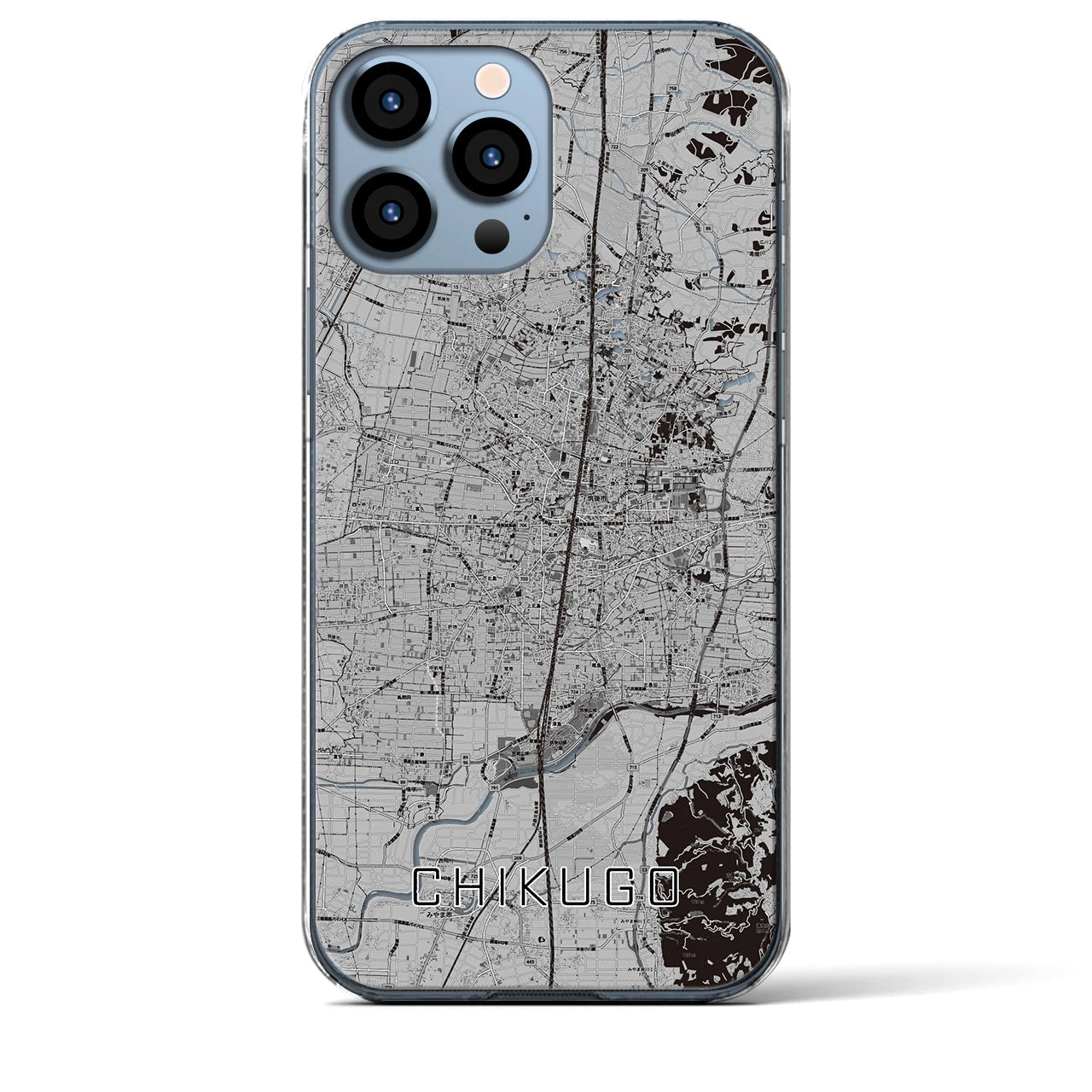 【筑後(福岡県)】地図柄iPhoneケース(クリアタイプ)モノトーン・iPhone 13 Pro Max 用