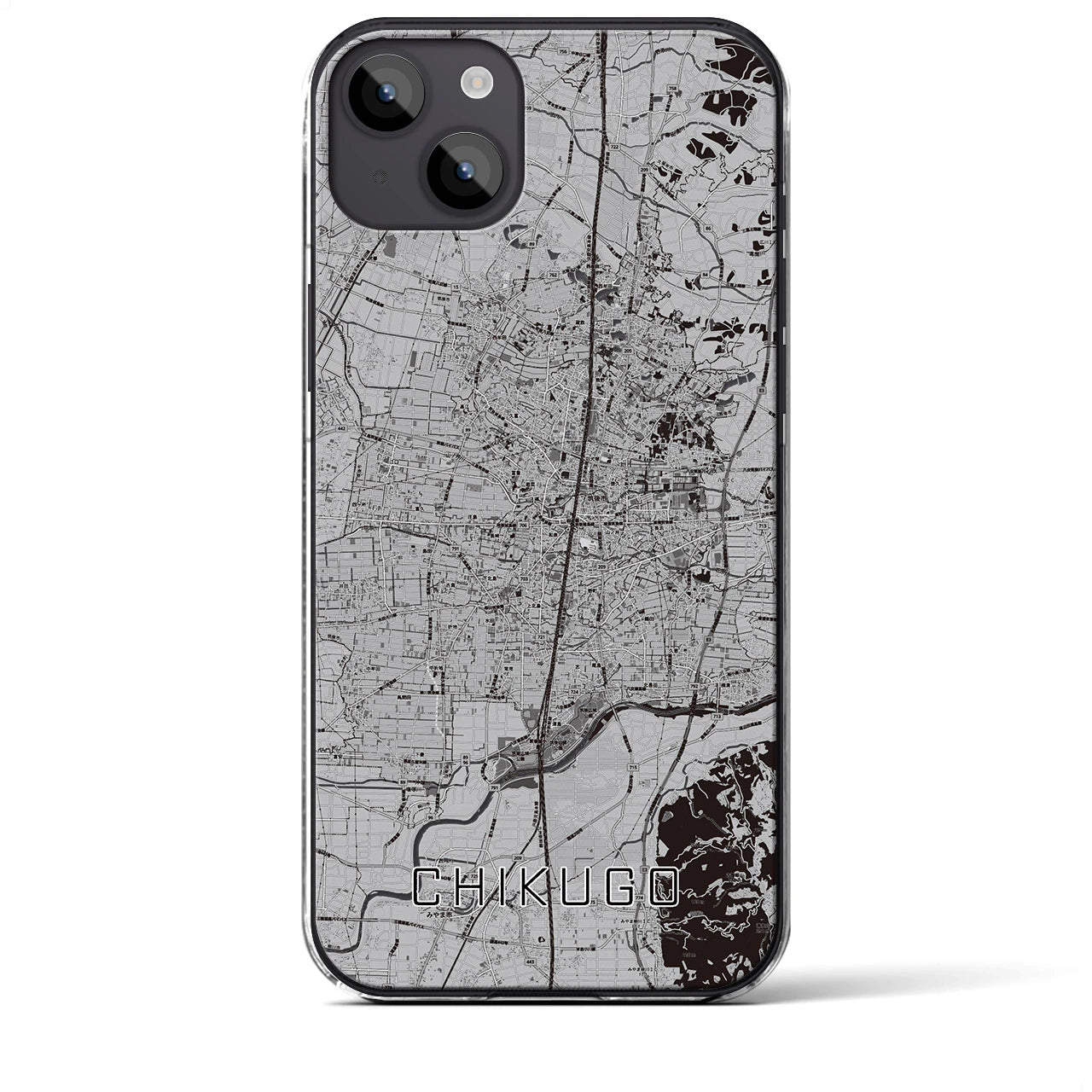 【筑後(福岡県)】地図柄iPhoneケース(クリアタイプ)モノトーン・iPhone 14 Plus 用